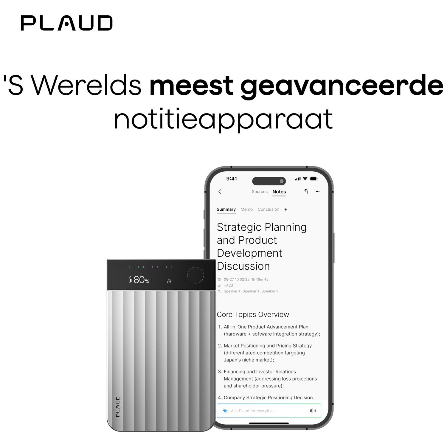 Image shows a phone with notes app and a silver recording device. Text in Dutch. Displays app's interface and device.