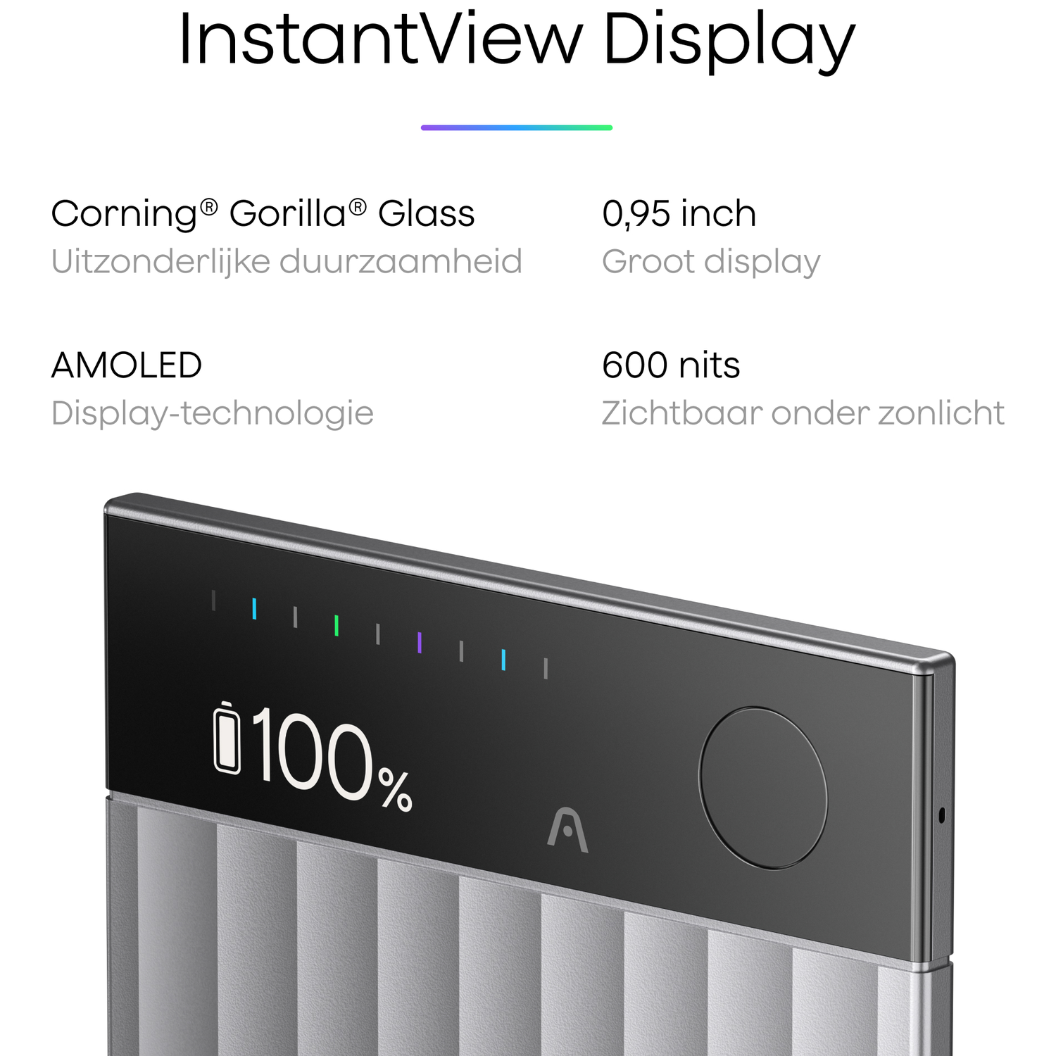 A close-up of a device screen displays 100% battery. The screen has color bars, a button, and the 'A' logo. The device is silver.
