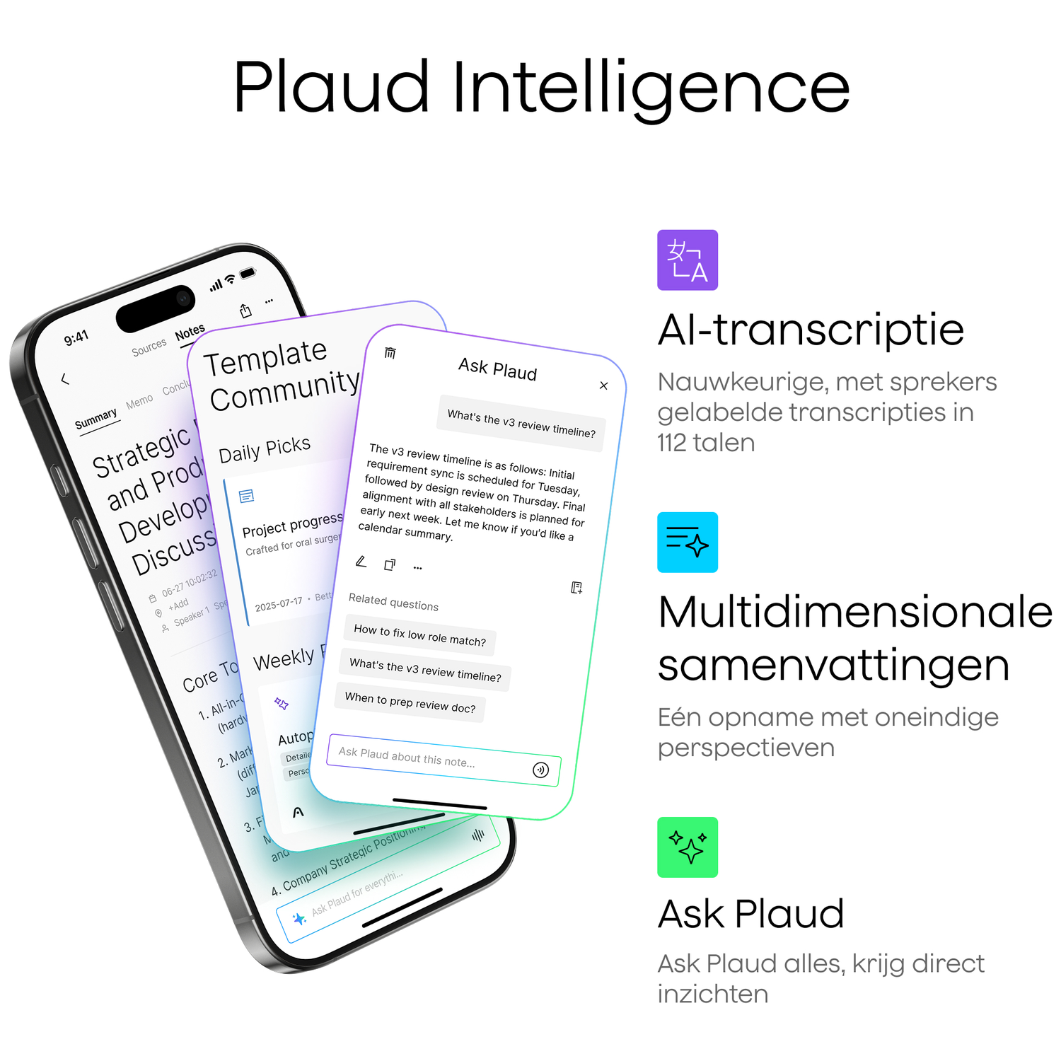 A phone displays notes and app screens about project progress and AI transcriptions with multiple features.
