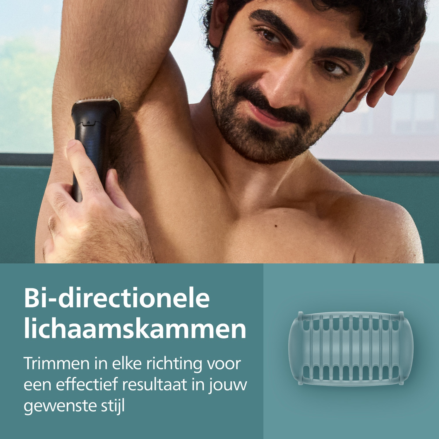 Man scheert oksel met trimmer. Tekst: Bi-directionele lichaamskammen. Trimmen in elke richting voor een effectief resultaat in jouw gewenste stijl.