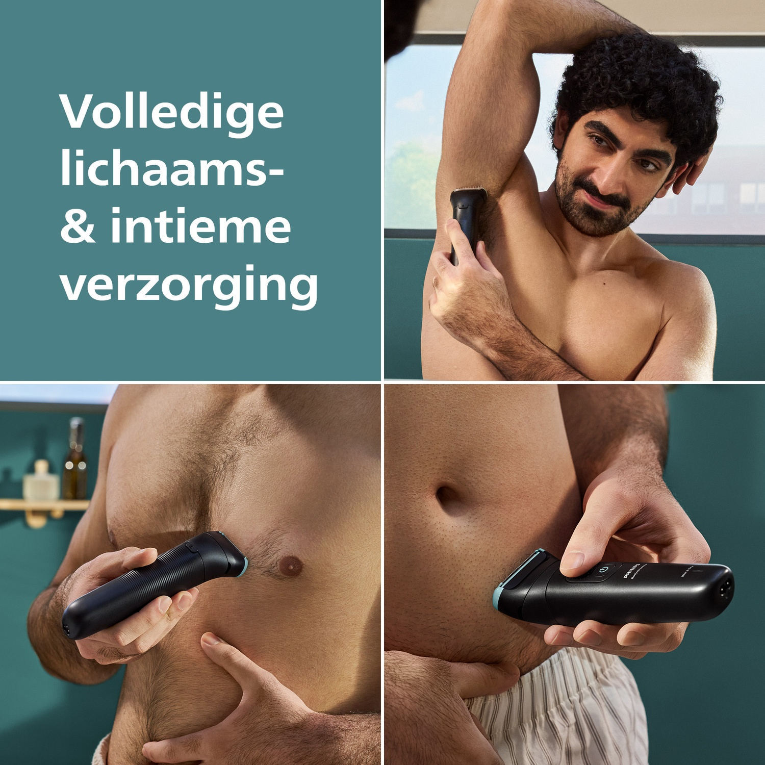 Afbeelding toont een man die verschillende delen van zijn lichaam scheert met een zwarte trimmer. De tekst luidt: 'Complete lichaams- en intieme verzorging'.