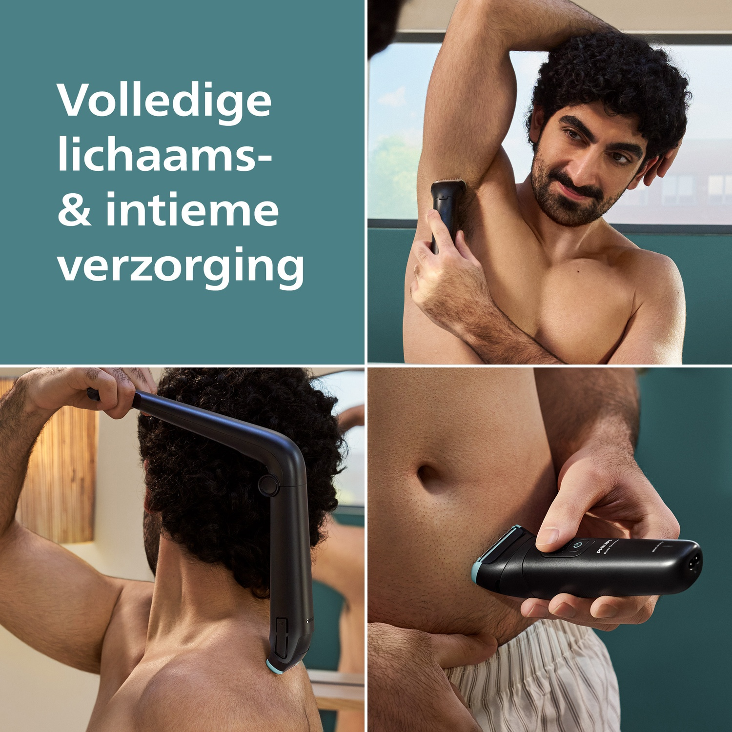 De afbeelding toont een man die een scheerapparaat op zijn lichaam gebruikt. De afbeelding is opgedeeld in vier panelen die de man tonen die verschillende delen scheert.
