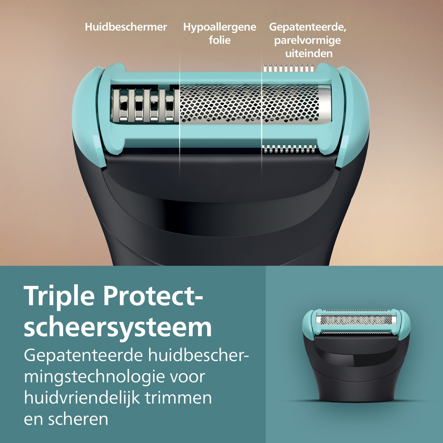 Close-up van een scheerkop met een blauw en zwart ontwerp. Labels geven onderdelen aan zoals huidbeschermer en hypoallergene folie.