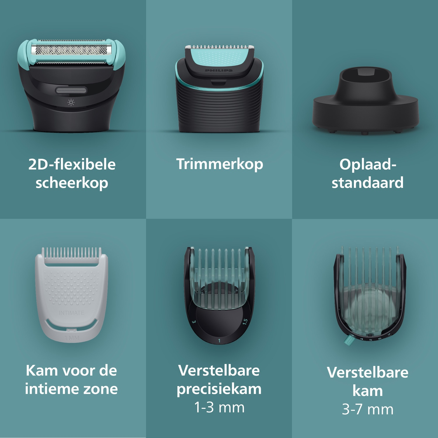 Image shows shaving and trimming accessories. Includes a shaver head, trimmer head, charging stand, and various comb attachments.