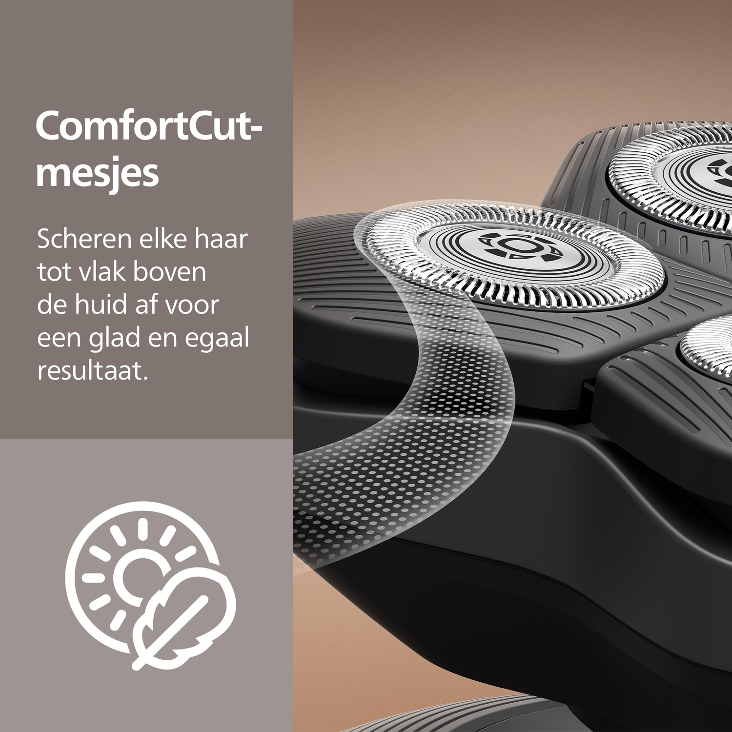 Close-up of a black electric shaver with silver blades. Text reads 'ComfortCut-mesjes'. Background is brown and grey.