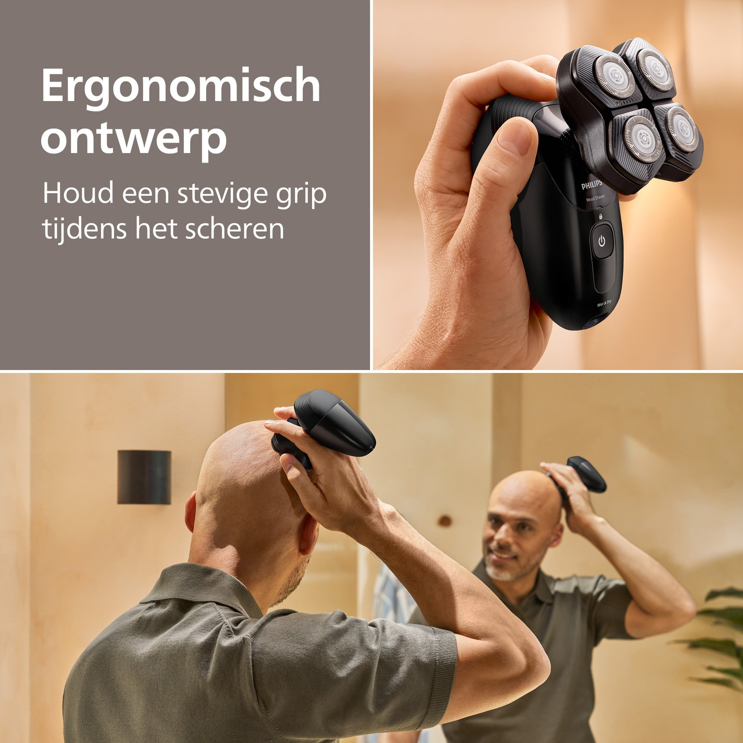 A man shaves his head with a black Philips electric shaver. He is seen from the front and back, using the shaver in front of a mirror.