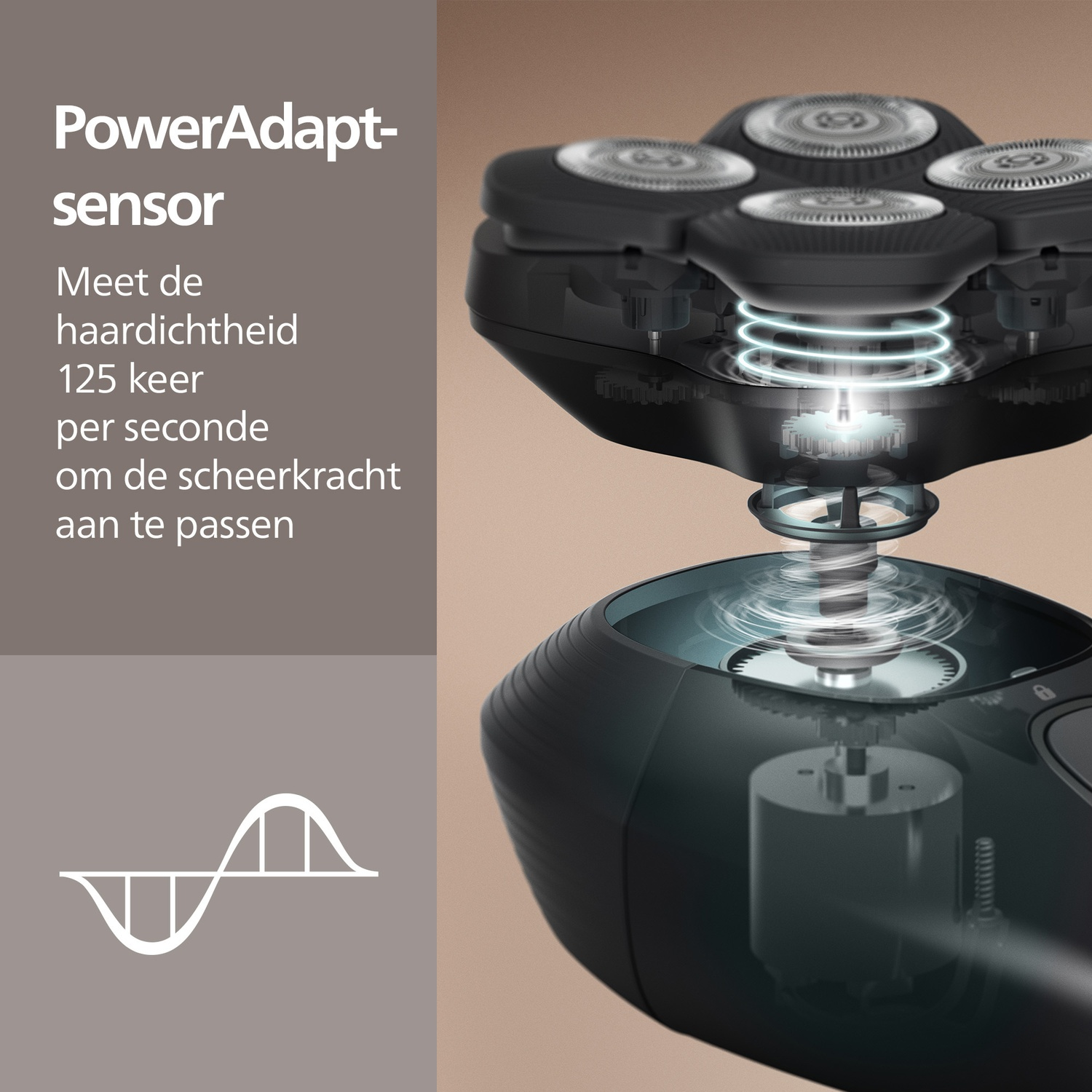 Close-up of a black electric shaver with four rotary blades. Text on the left says PowerAdapt-sensor.