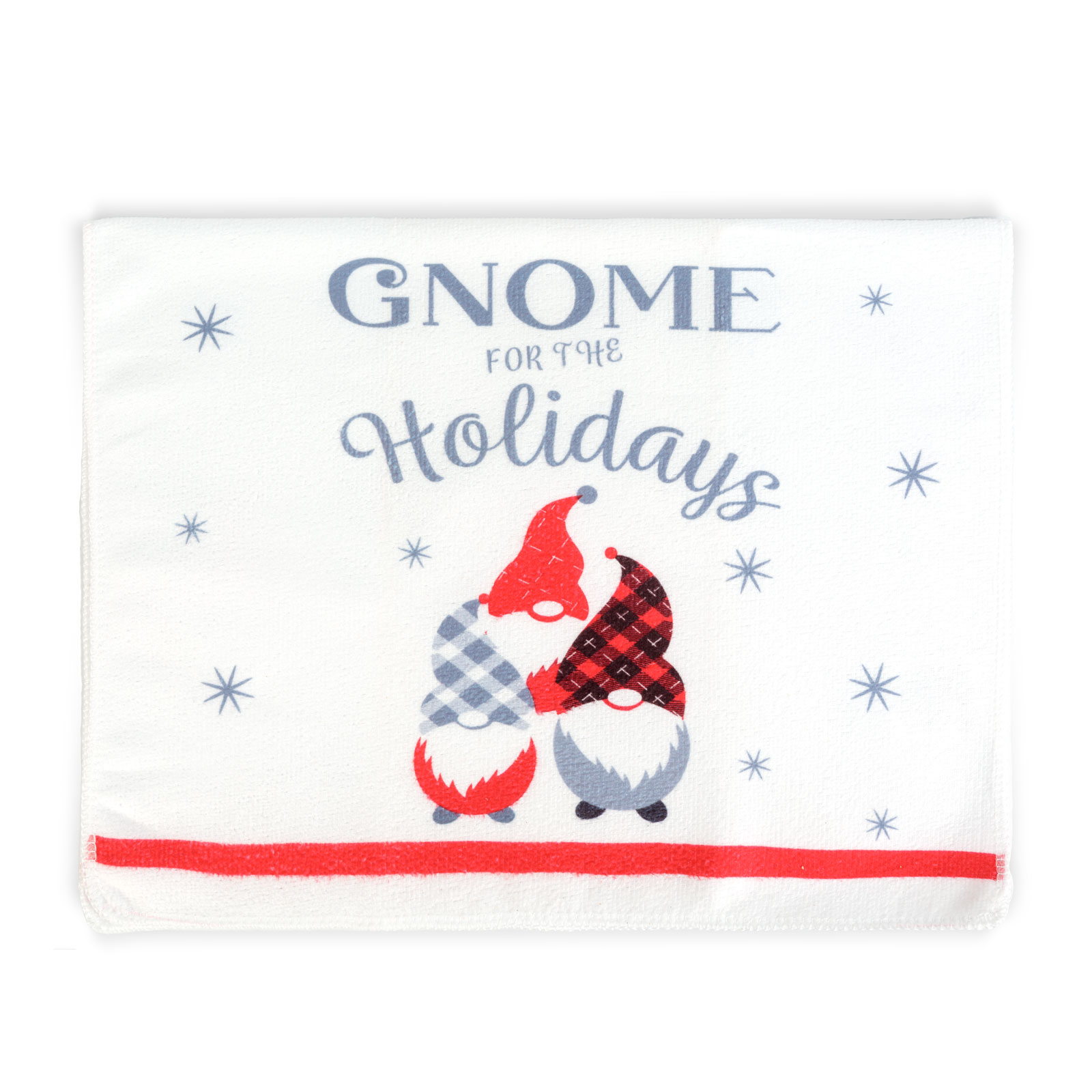 Fehér törölköző ünnepi gnóm dizájnnal. A 'Gnome for the Holidays' feliratot, hópelyheket és gnóm grafikákat tartalmaz.