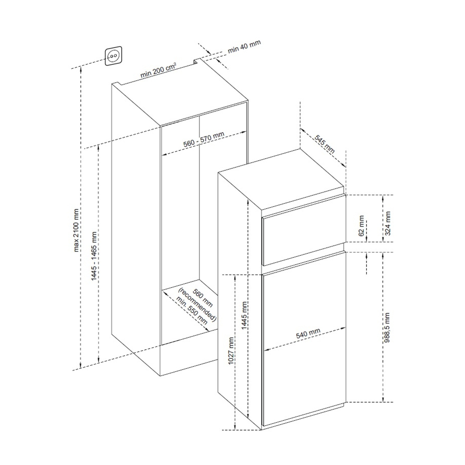 Diagramma di due oggetti rettangolari con dimensioni in millimetri. Linee tratteggiate e testo mostrano dimensioni e requisiti minimi.