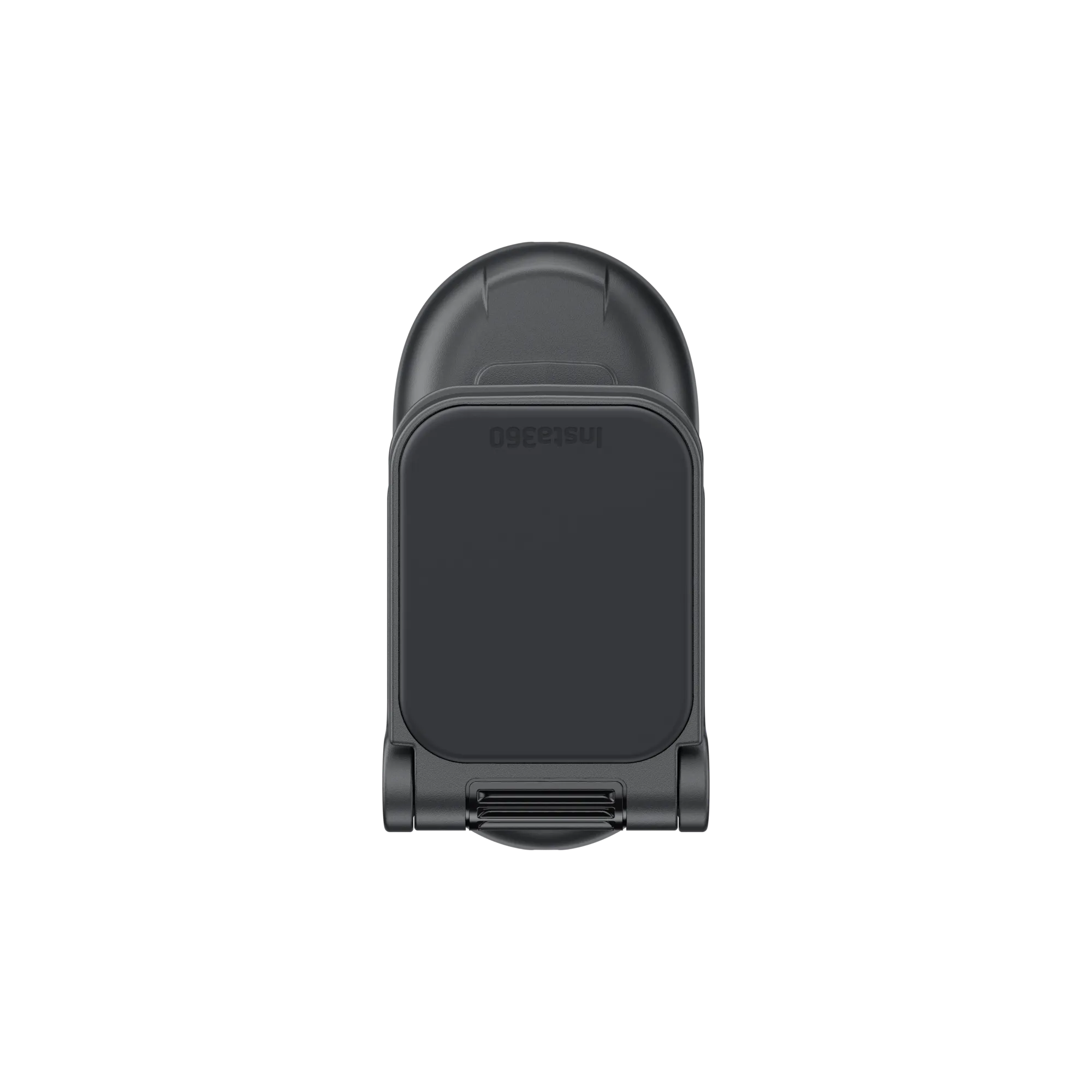 Eine schwarze Insta360-Kamerahalterung. Sie hat eine quadratische Vorderseite und eine gewölbte Oberseite. Der Hintergrund ist schwarz.