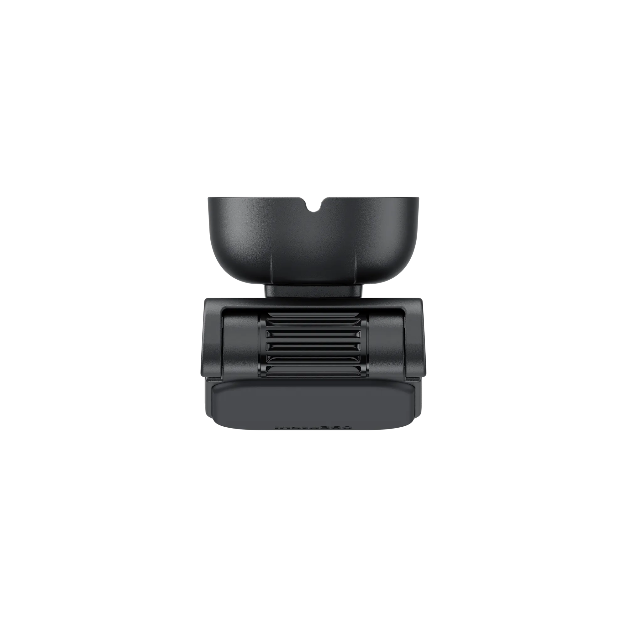 Eine schwarze Webcam mit Weitwinkelobjektiv ist vor schwarzem Hintergrund zentriert. Der Markenname Insta360 ist sichtbar.