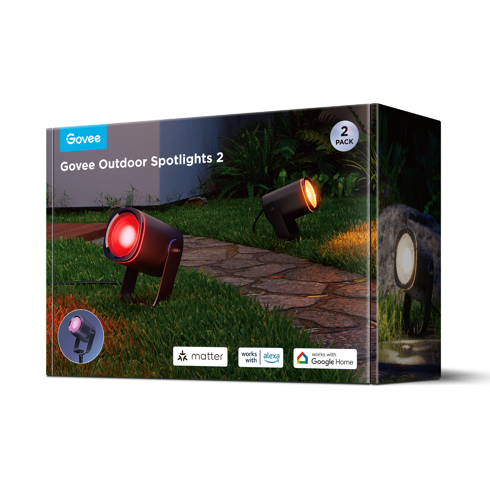 Doboz Govee Outdoor Spotlights 2-vel, két fekete reflektor a zöld füvön, egy piros, egy narancssárga. '2 darabos' címke.