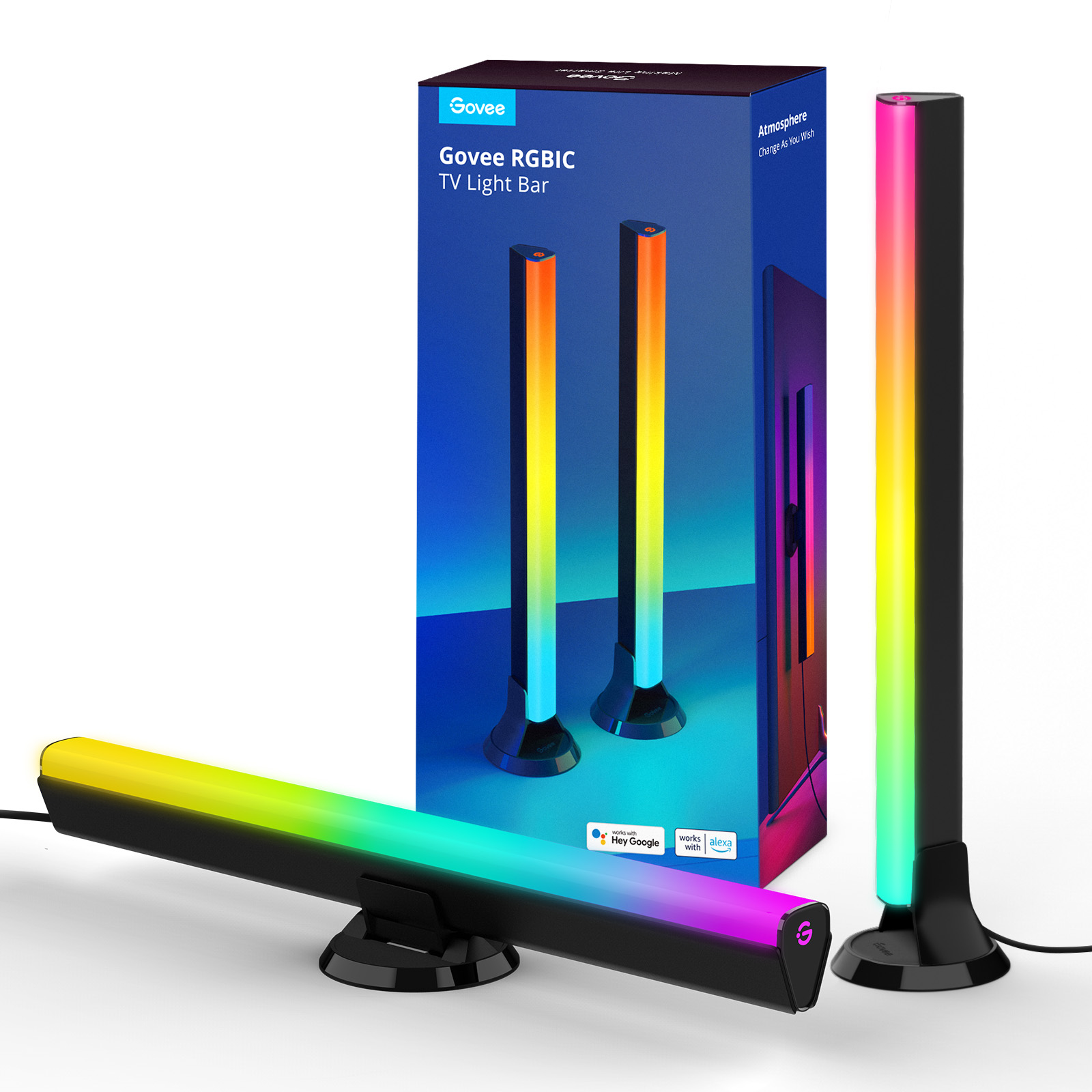 Govee RGBIC TV Light Bar készlet. Két magas lámpát, egy hosszú fénysávot és egy termékdobozt tartalmaz. A lámpák többszínűek.