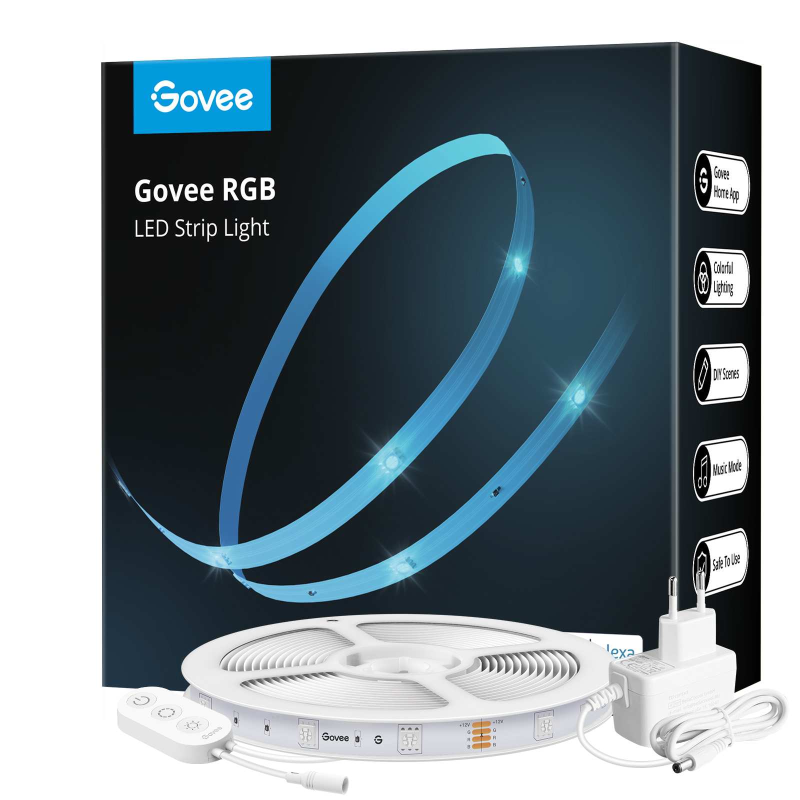 Govee RGB LED szalagfény doboz, fénysorral, távirányítóval és hálózati adapterrel. Kék fénycsíkok a dobozon.