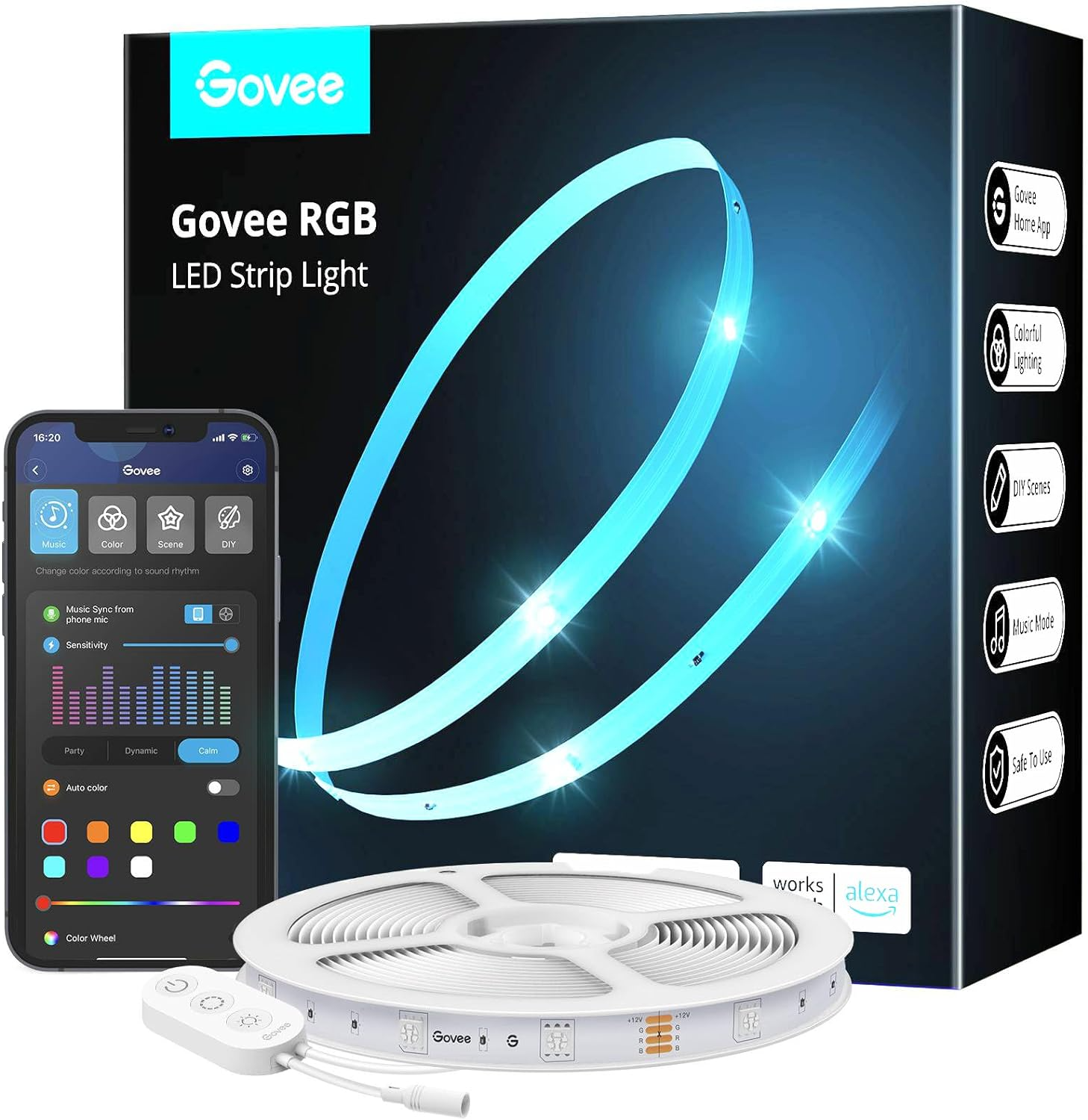 Govee RGB LED szalagfény telefonos alkalmazással, távirányítóval és dobozzal. A doboz fényhatásokat mutat. Az alkalmazás vezérli a színt.