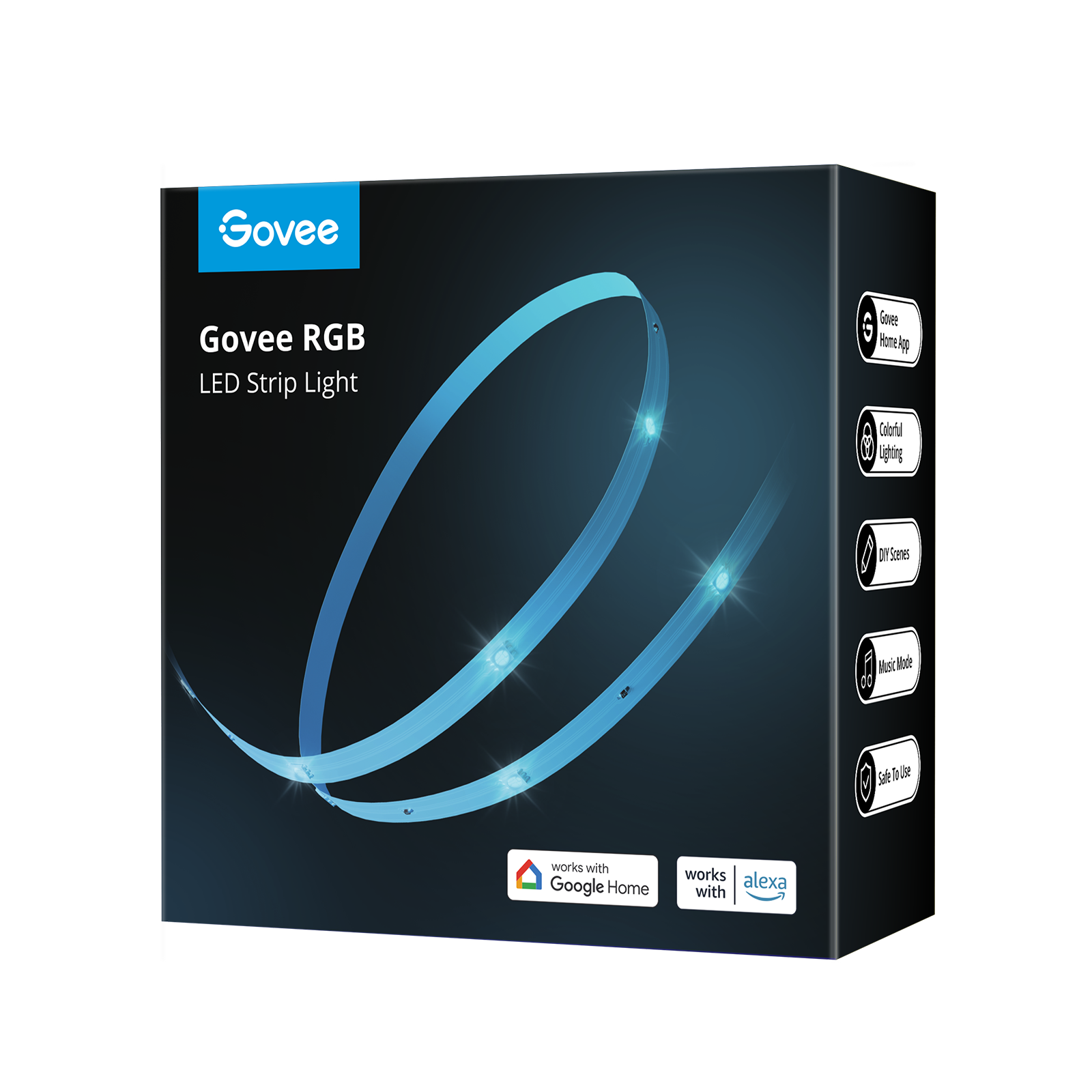 Govee RGB LED szalagfény doboza. Kék fénysávval és olyan funkciók ikonjaival rendelkezik, mint a zenei mód.