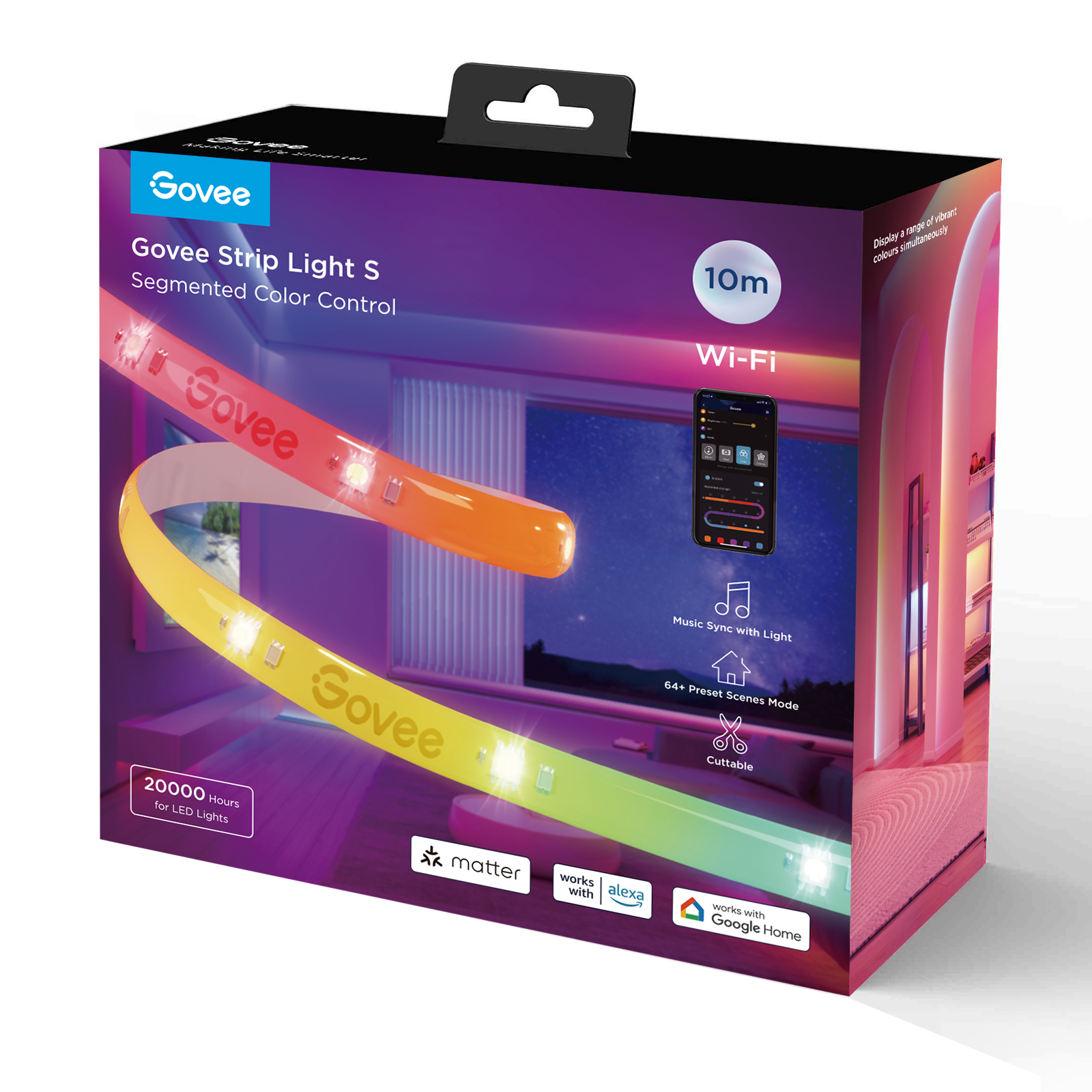 Govee Strip Light S doboz. Többszínű fénycsíkot mutat, Wi-Fi-vel és Alexa kompatibilitással.