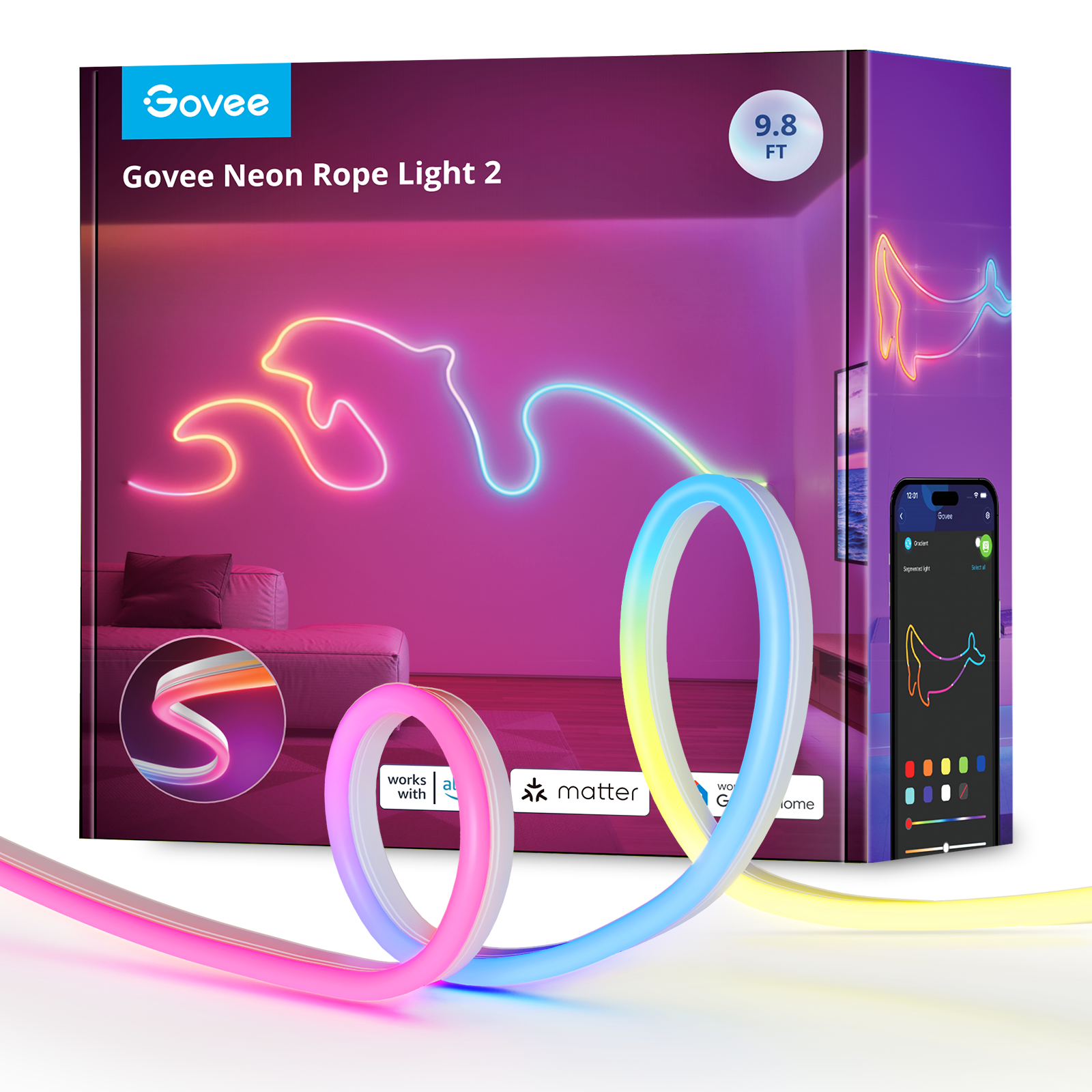 A Govee Neon Rope Light 2 doboza színes neonfény-kialakítást mutat. A termék részletei és az alkalmazás felülete is látható.