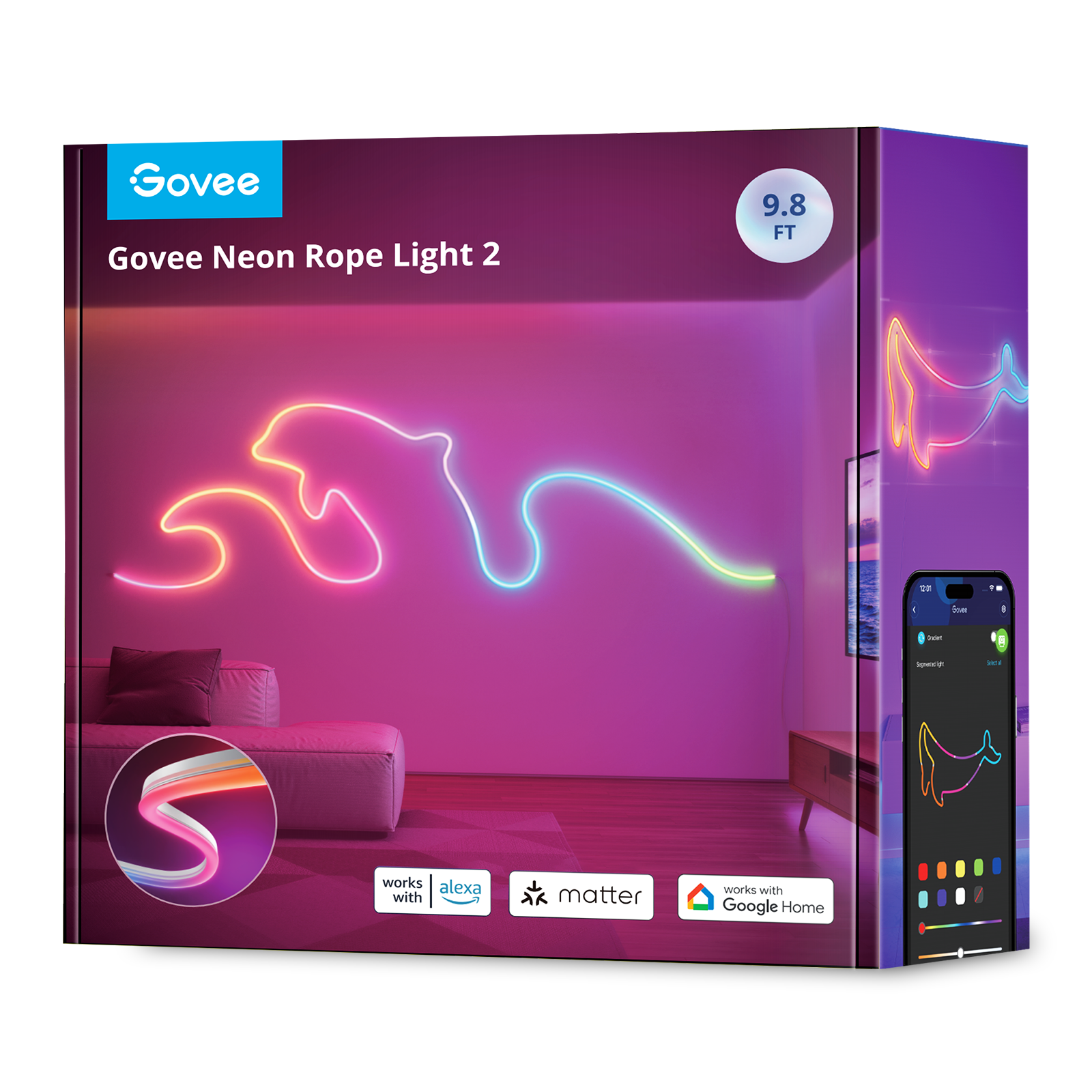 A doboz a Govee Neon Rope Light 2-t mutatja. Egy neonfény egy szobában van a dobozon. Alexa, Matter és Google Home-val működik.