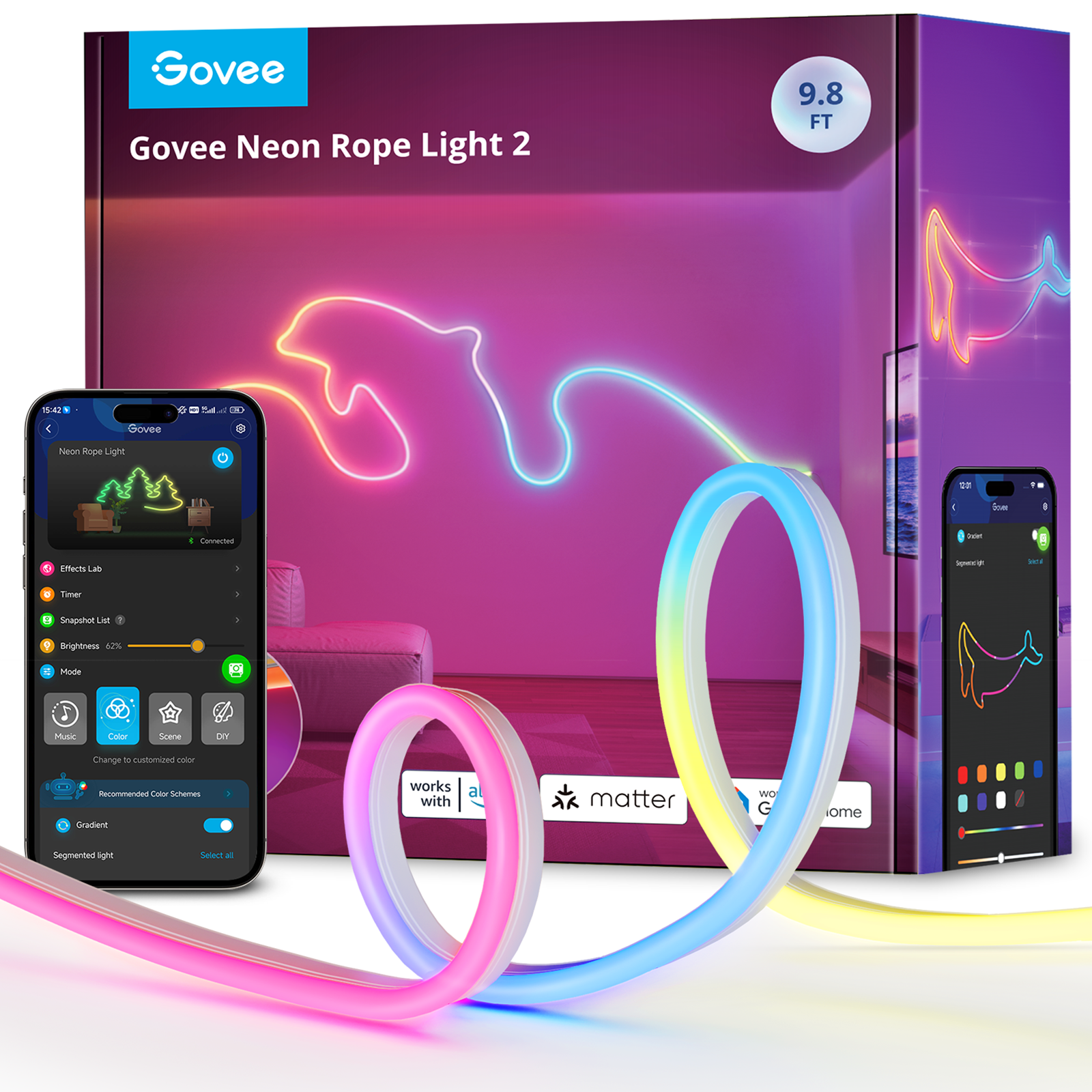 Govee Neon Rope Light 2, telefonnal, ami az alkalmazást mutatja, dobozzal és neonkötél-fénnyel. Színek: rózsaszín, kék, sárga, fehér és lila.
