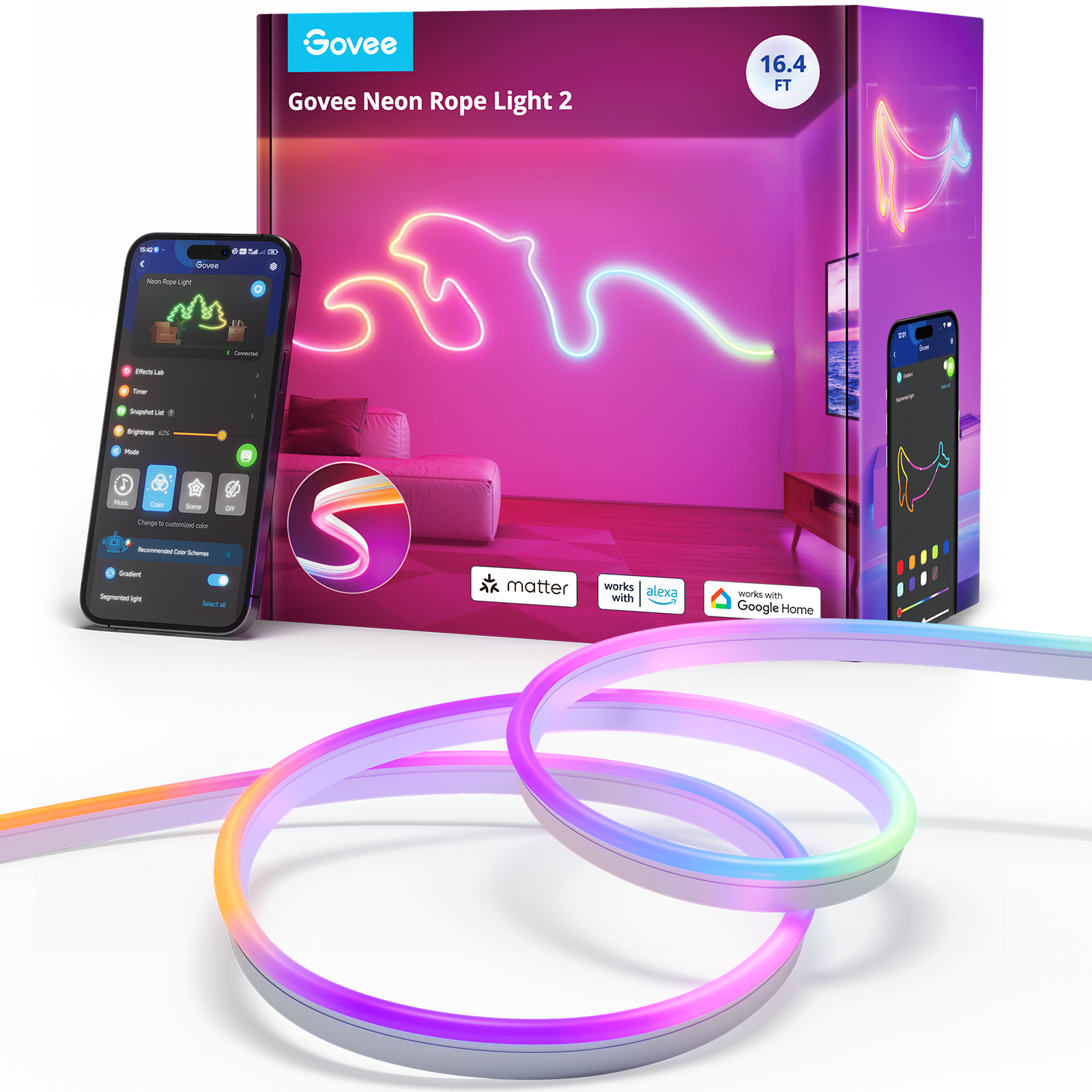 A képen a Govee Neon Rope Light 2, a telefon az alkalmazással és egy színes fénycsík látható. Termék és alkalmazás felülete.