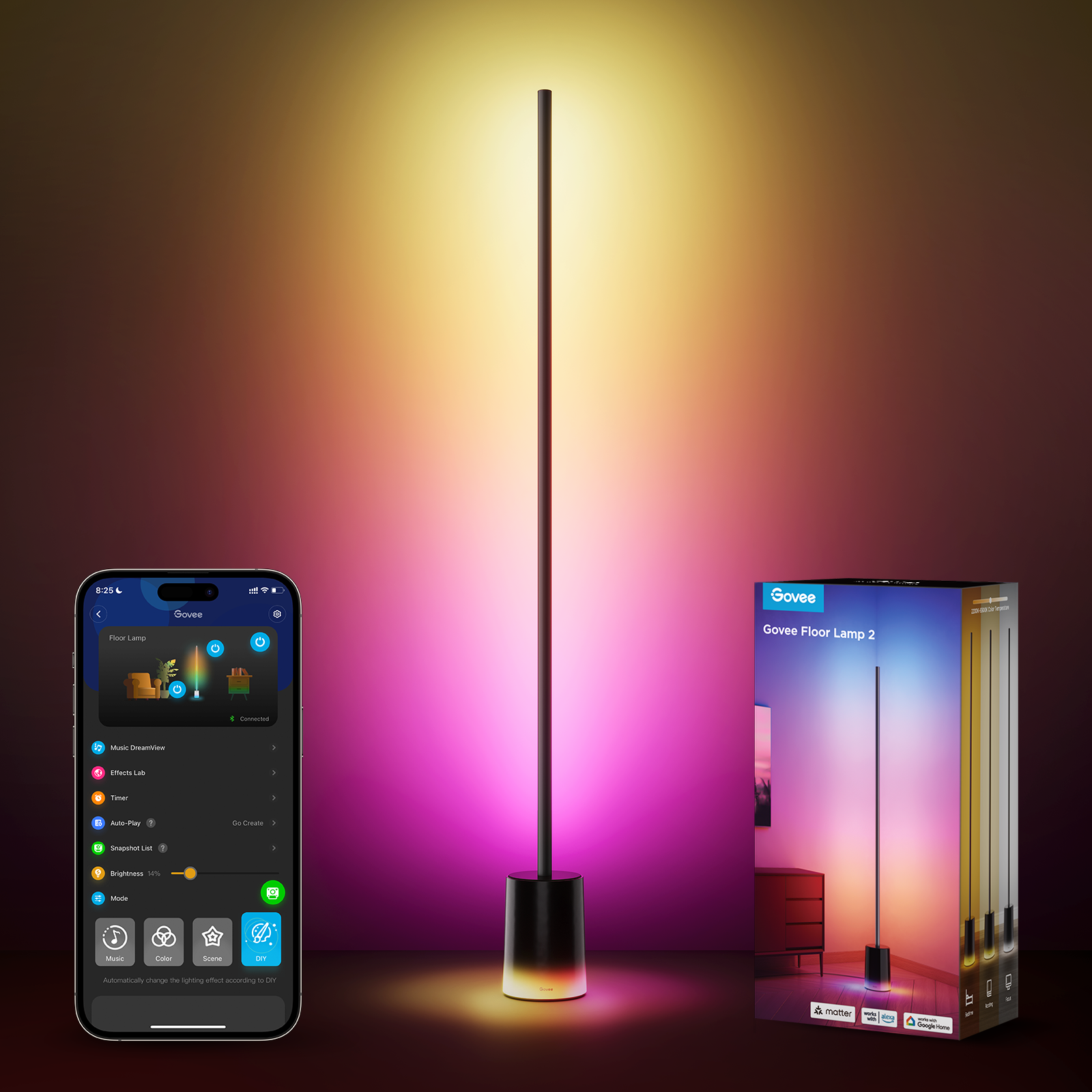 Egy Govee állólámpa okostelefonnal és termékdobozzal. A lámpa fekete, színváltó fénnyel. Egy telefon az alkalmazásvezérlőket jeleníti meg.