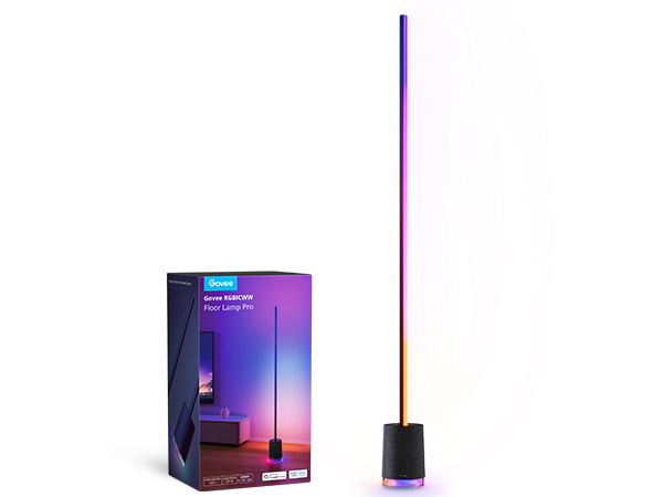 Egy Govee RGBICWW Floor Lamp Pro lámpaoszlop, a dobozával, fehér háttér előtt áll. A lámpa magas, színváltó fénnyel.