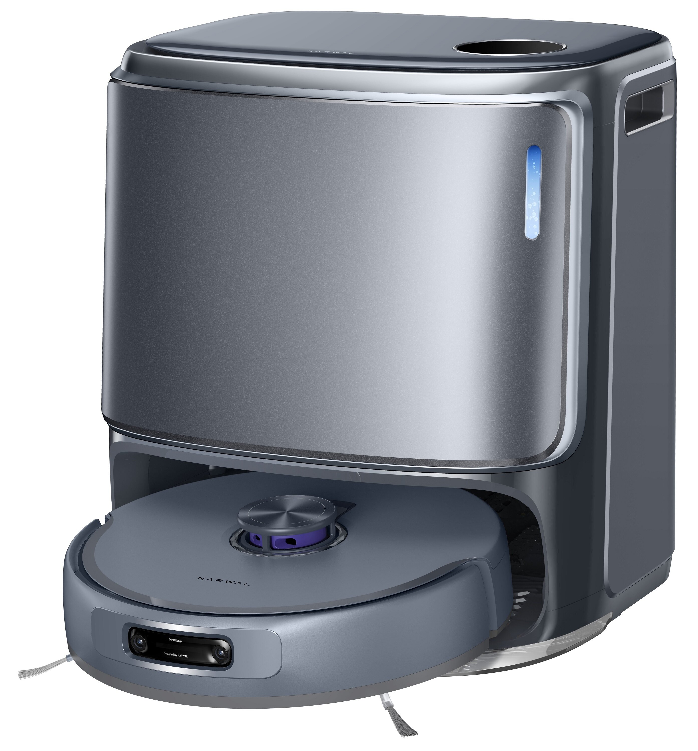 Szary odkurzacz robot Narwal stoi w swojej bazie. Baza jest również szara i ma wskaźnik poziomu wody.