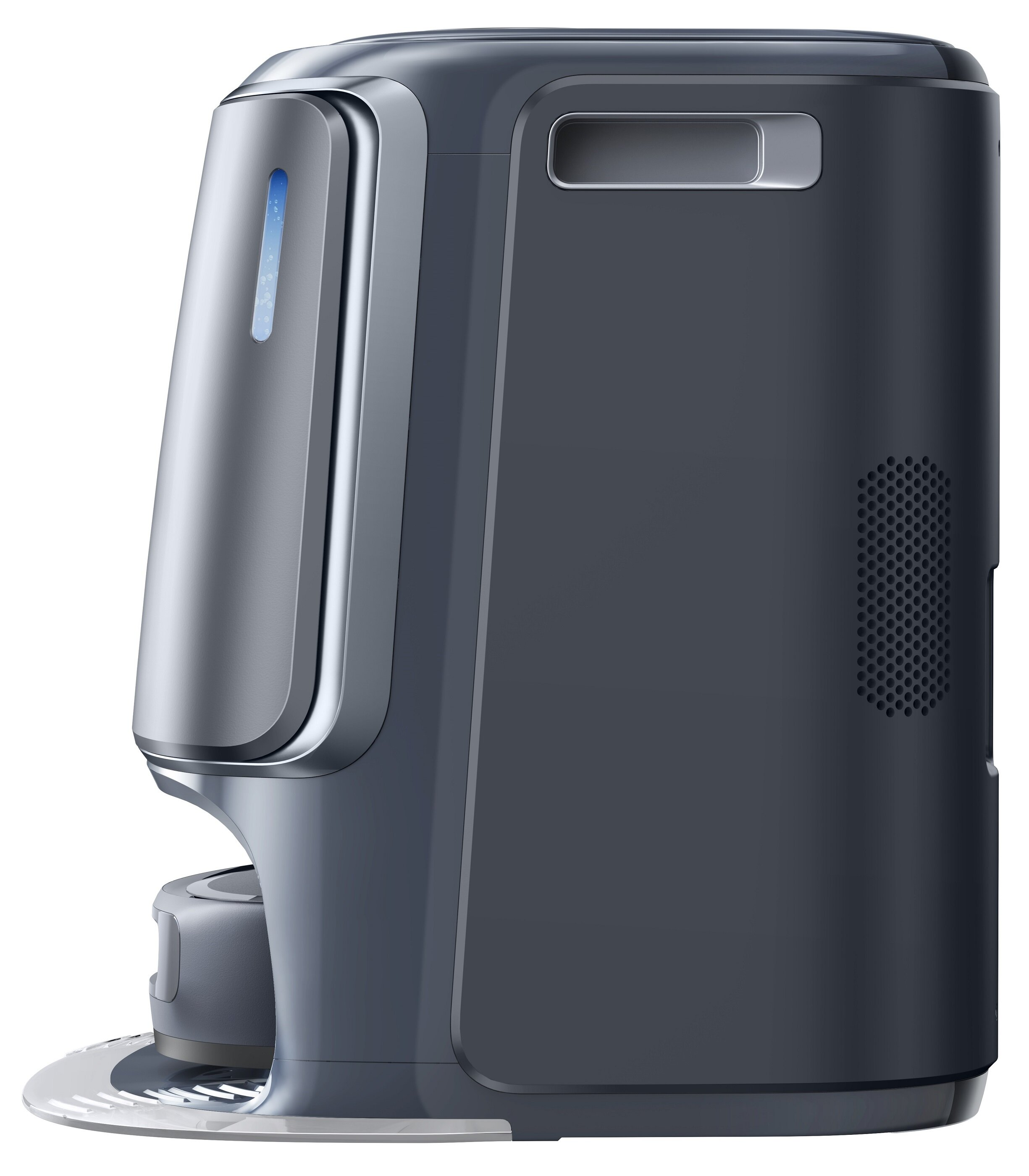 Robot odkurzający, ciemnoszary ze srebrnymi akcentami. Ma niebieską lampkę kontrolną. Podstawa jest biała.