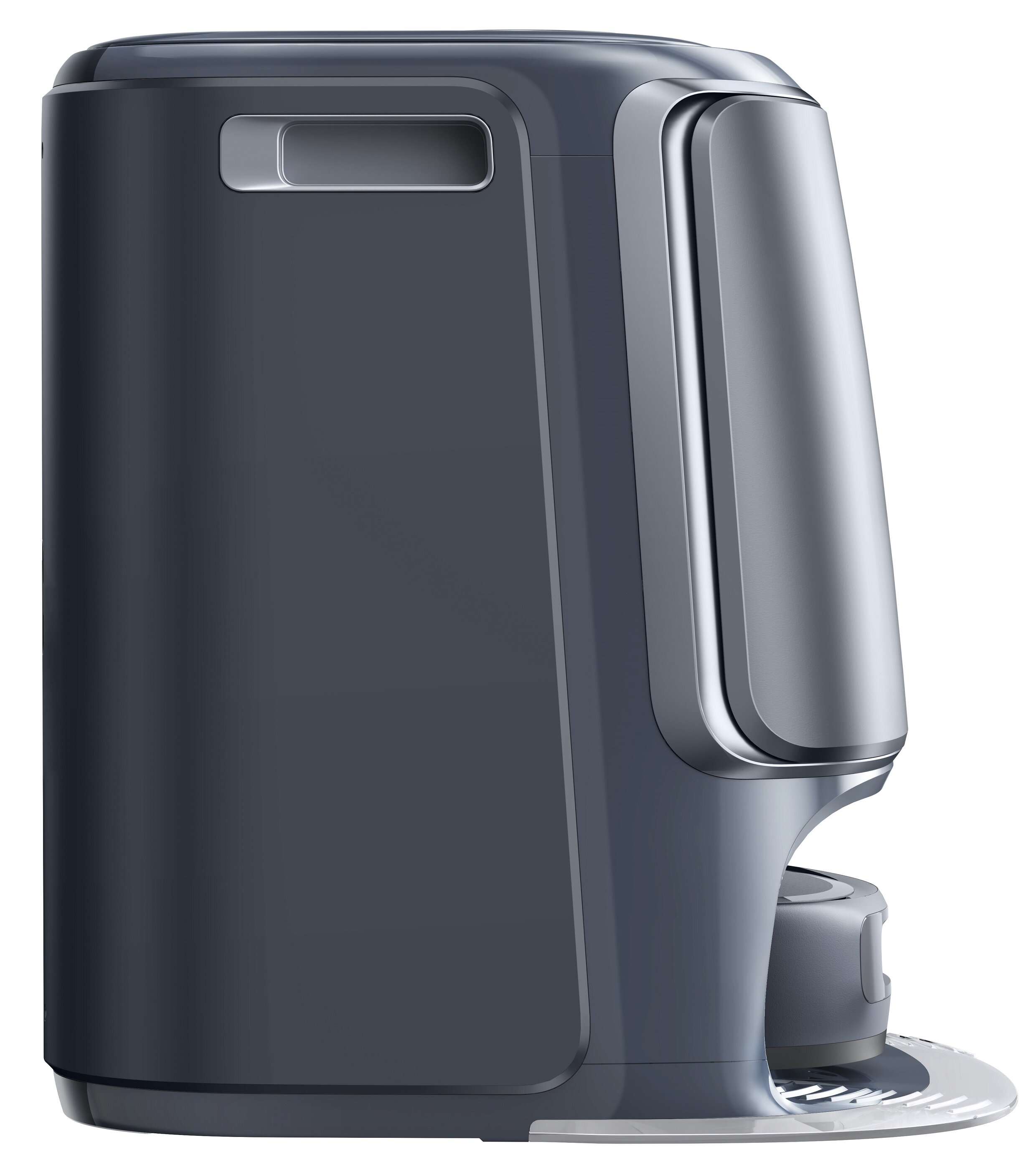 Ciemnoszary i srebrny robot odkurzający o zaokrąglonym, nowoczesnym designie.