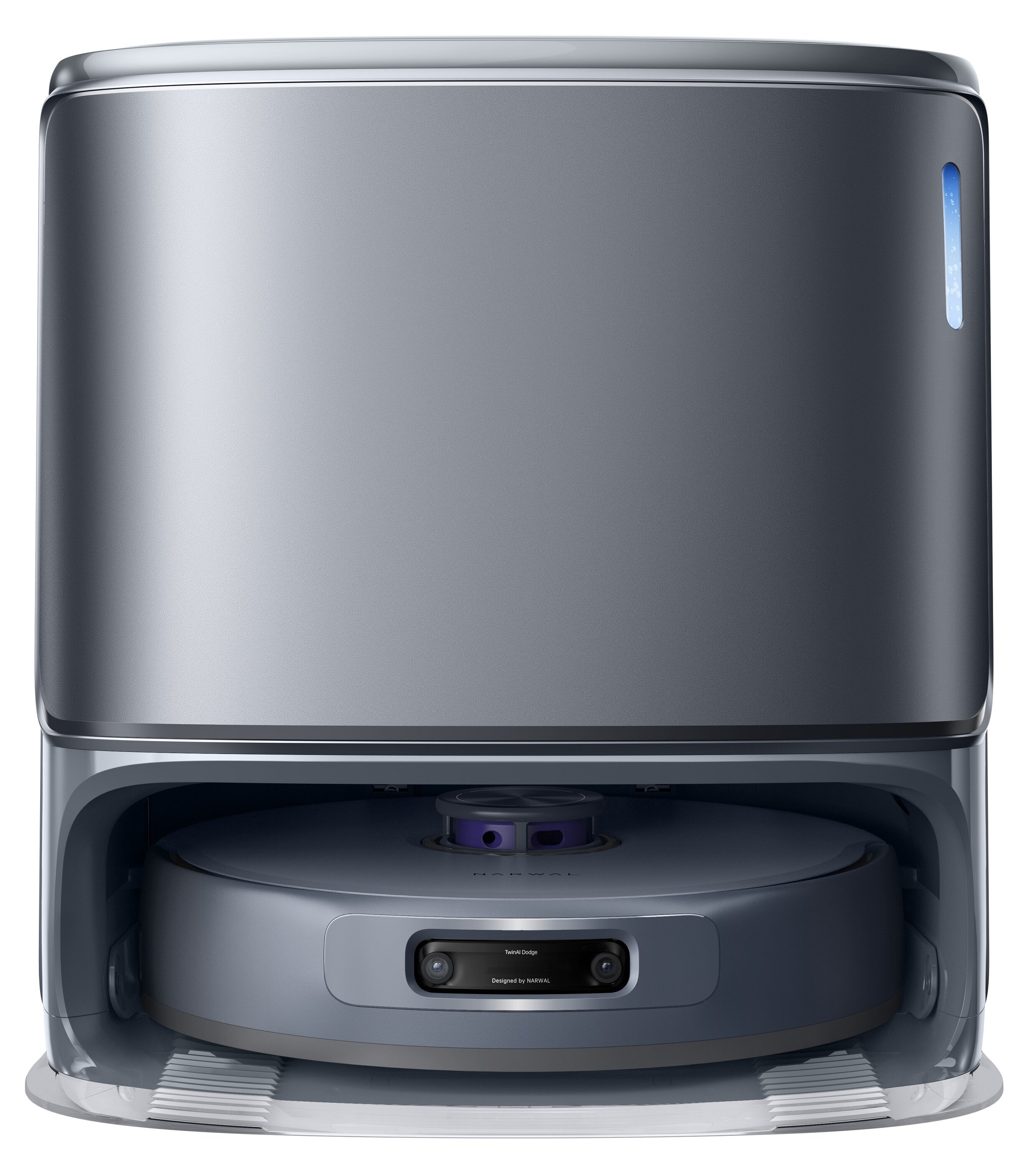 Szary robot odkurzacz i stacja ładująca. Odkurzacz ma ciemnoszarą okrągłą podstawę z kamerami.