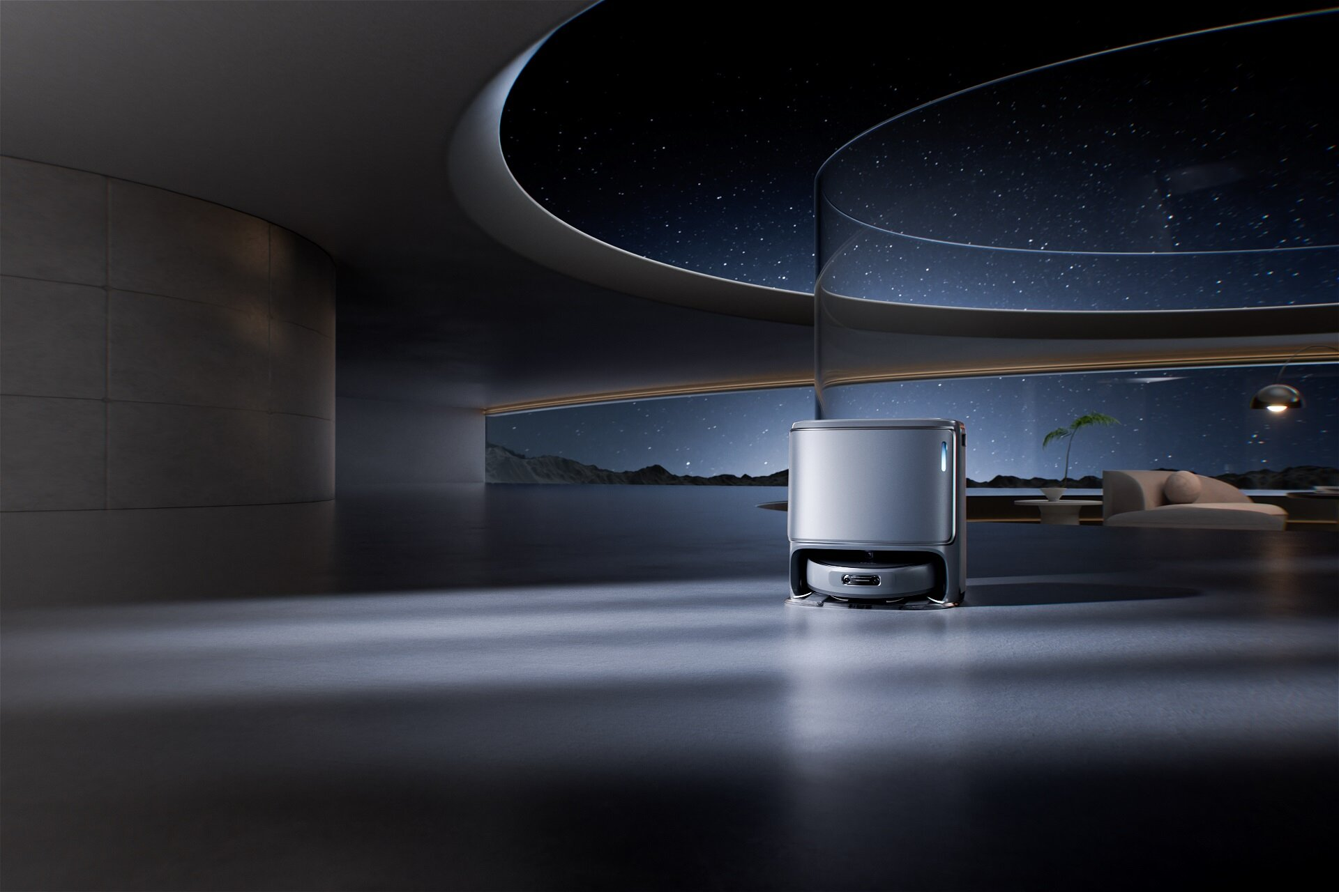 Robot odkurzający stoi w nowoczesnym, futurystycznym pokoju z widokiem na gwiaździstą noc przez duże okno.
