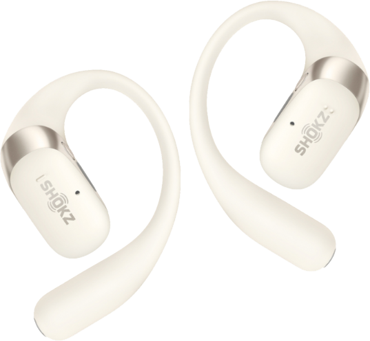Két krémszínű SHOKZ csontvezetéses fejhallgató. A dizájn fülkampókat és egy SHOKZ logós részt tartalmaz.