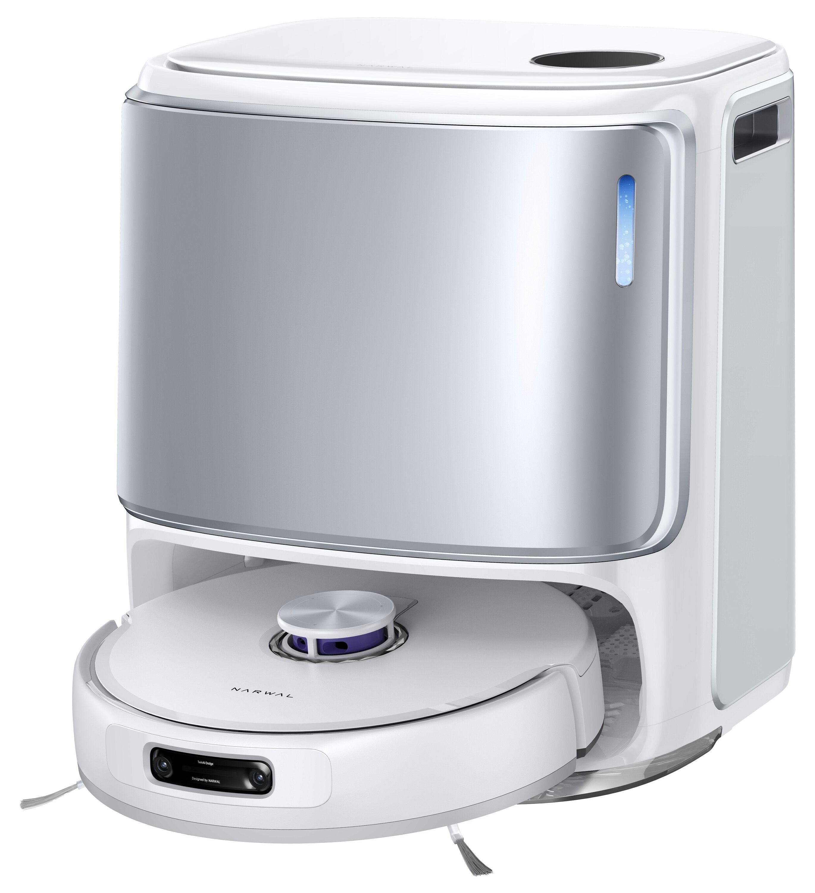 Biały i srebrny robot odkurzający oraz jego stacja ładująca. Robot jest okrągły, a stacja prostokątna.