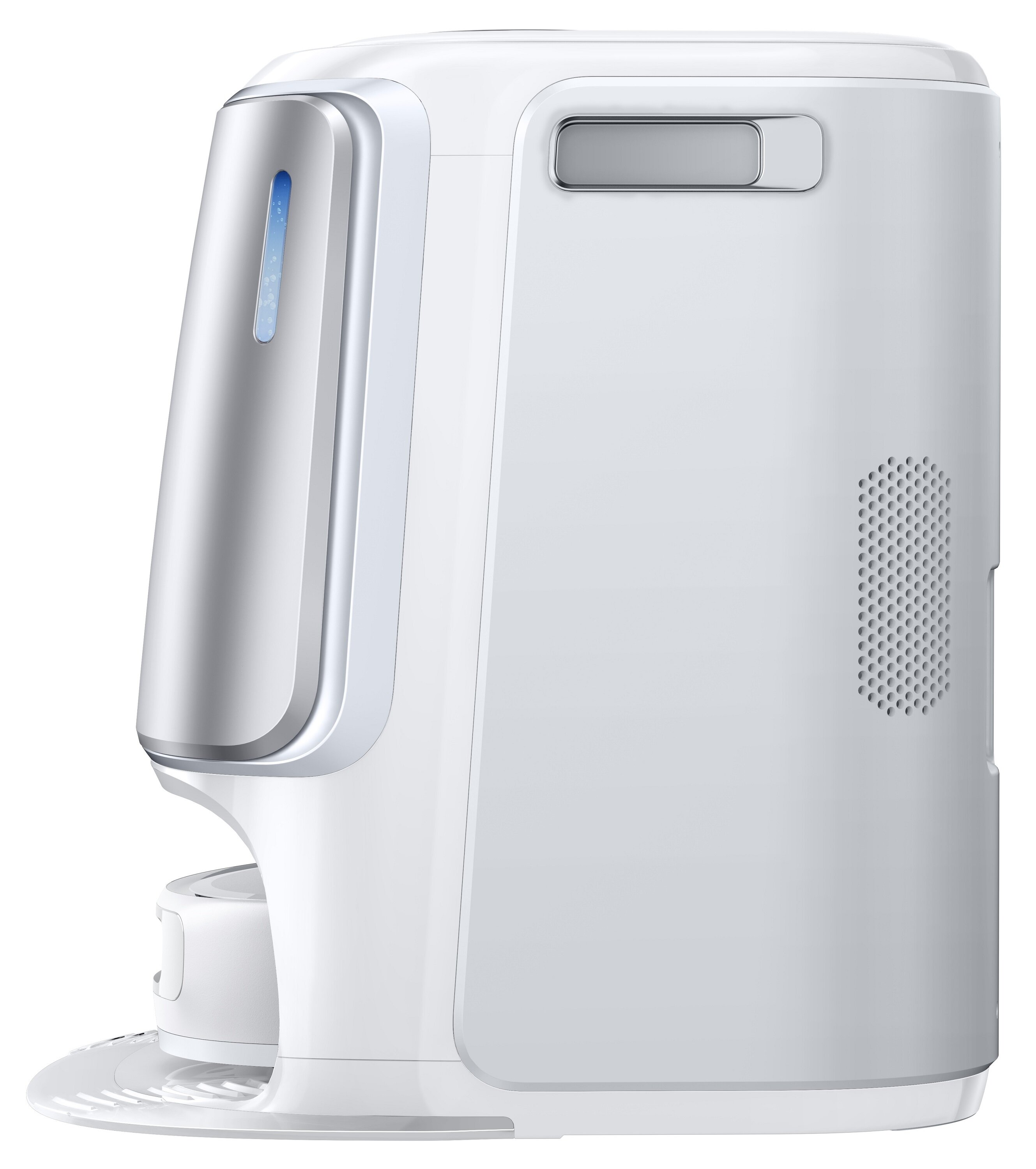 Biało-srebrny robot sprzątający. Ma zaokrąglony kształt, srebrny panel przedni, niebieski wskaźnik i perforowany bok.