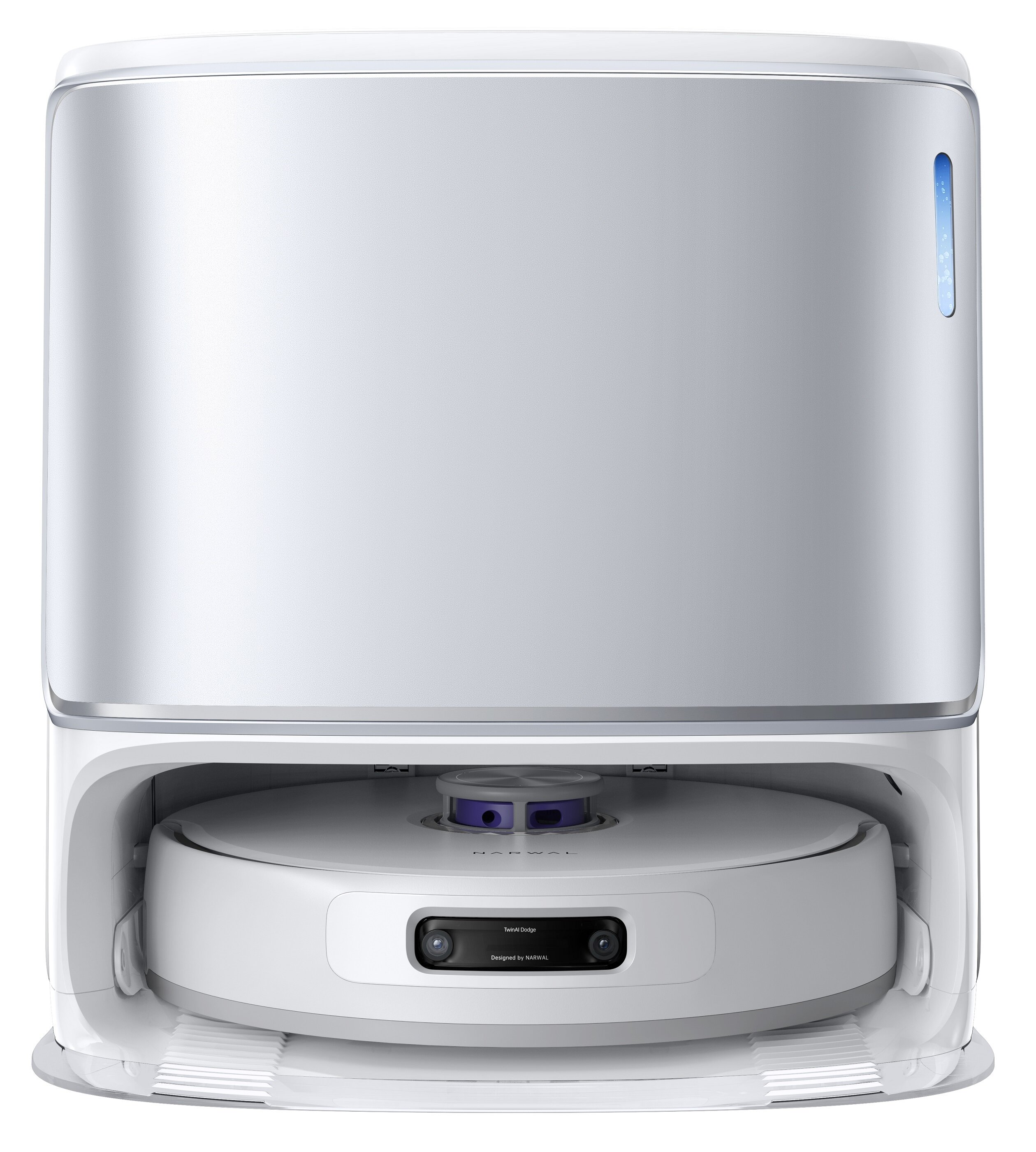 Biały i srebrny robot odkurzający. Ma zaokrągloną podstawę i prostokątny wierzch ze wskaźnikiem poziomu wody.