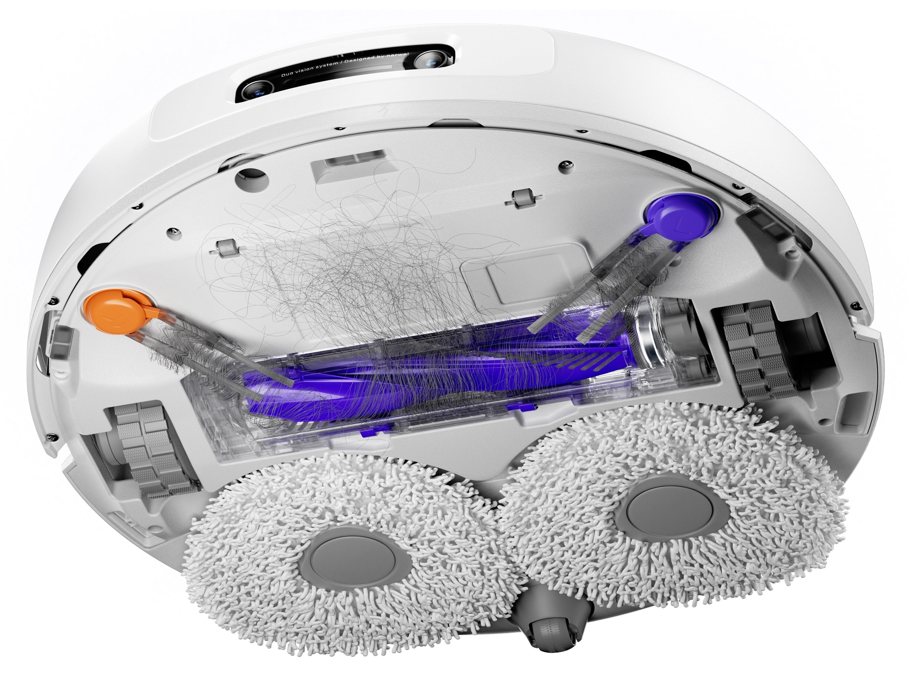 Widok od spodu robota sprzątającego, ze szczotkami, nakładkami czyszczącymi i włosami. Dominują kolory biały i szary.