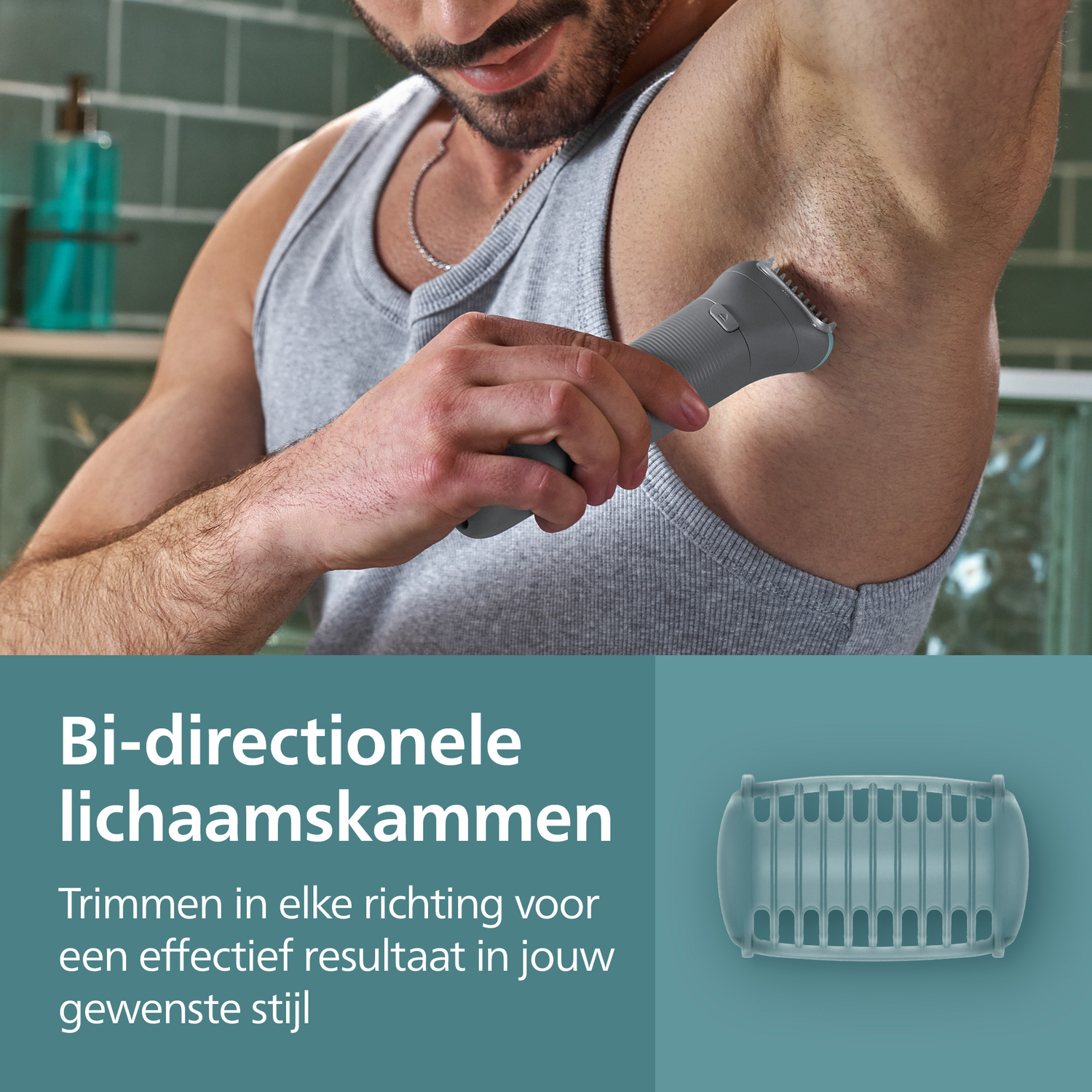 A man shaves his armpit with a gray electric trimmer. He wears a gray tank top. Text and an illustration are on the bottom.