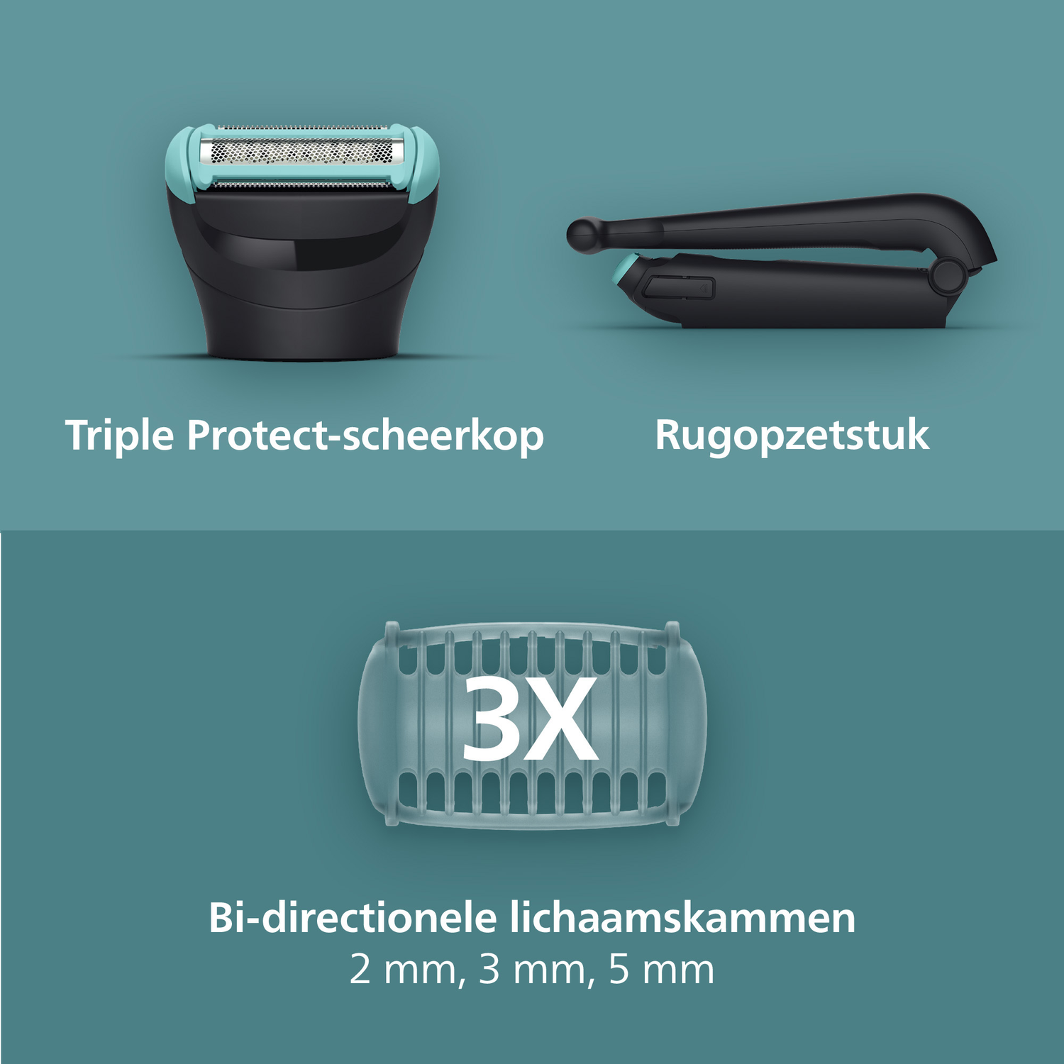 Image shows three product components: a shaver head, a back attachment, and a body hair trimmer with '3X' on it.