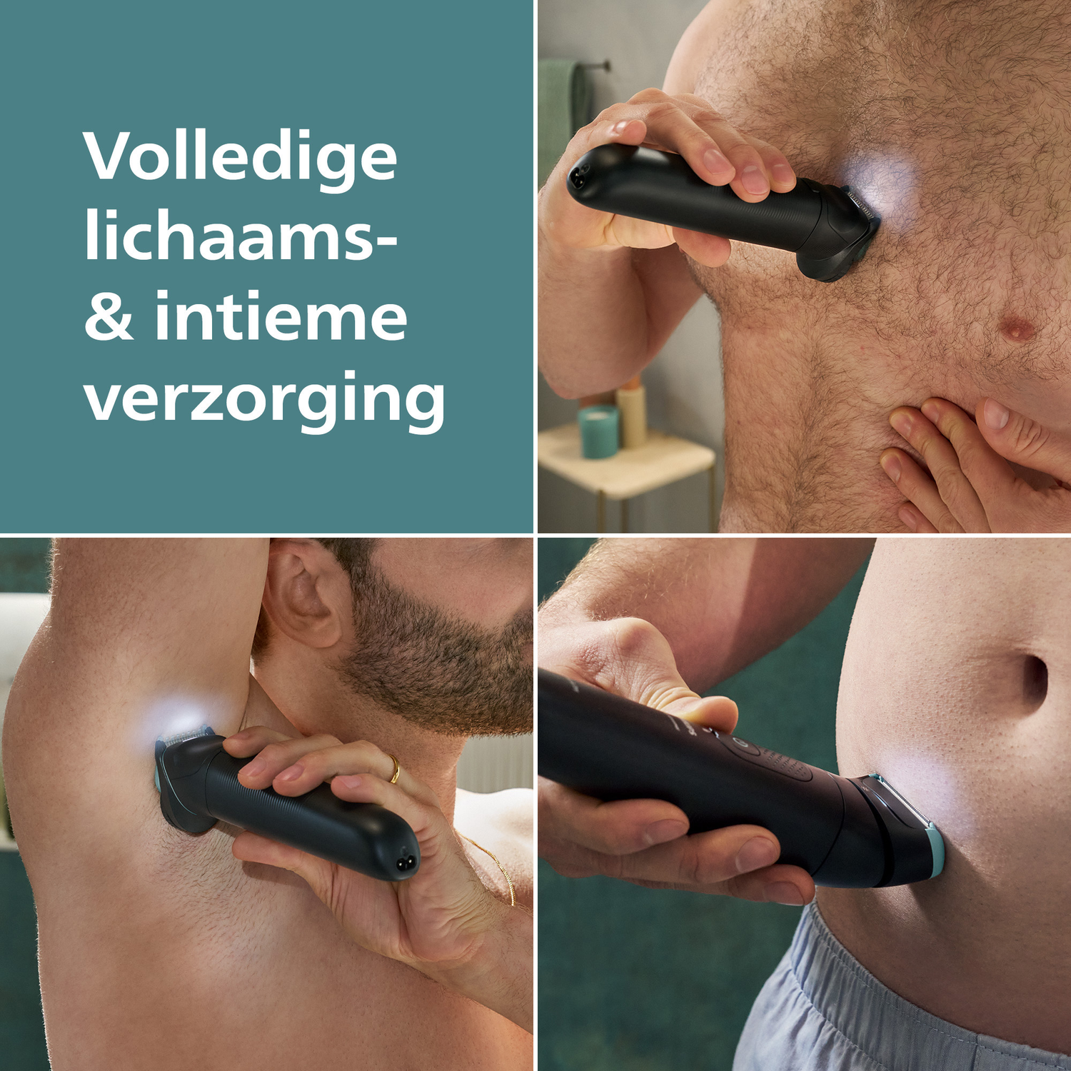 Image shows a person using a black grooming tool on different body areas. The tool has a light, and the person is trimming hair.