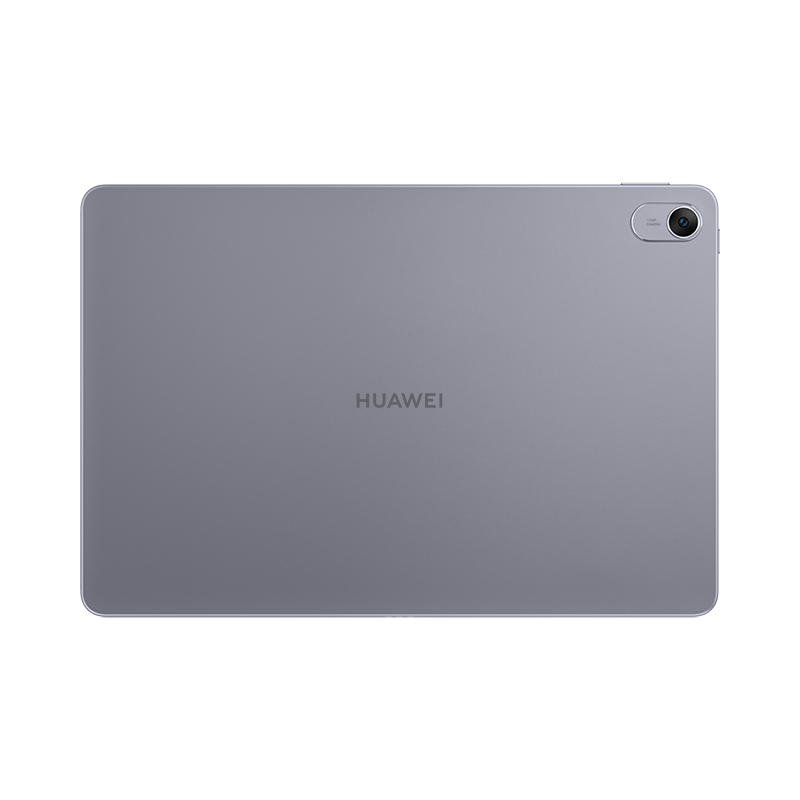 Egy szürke Huawei tablet hátulja. A Huawei logó a közepén. A kamera a jobb felső sarokban található.