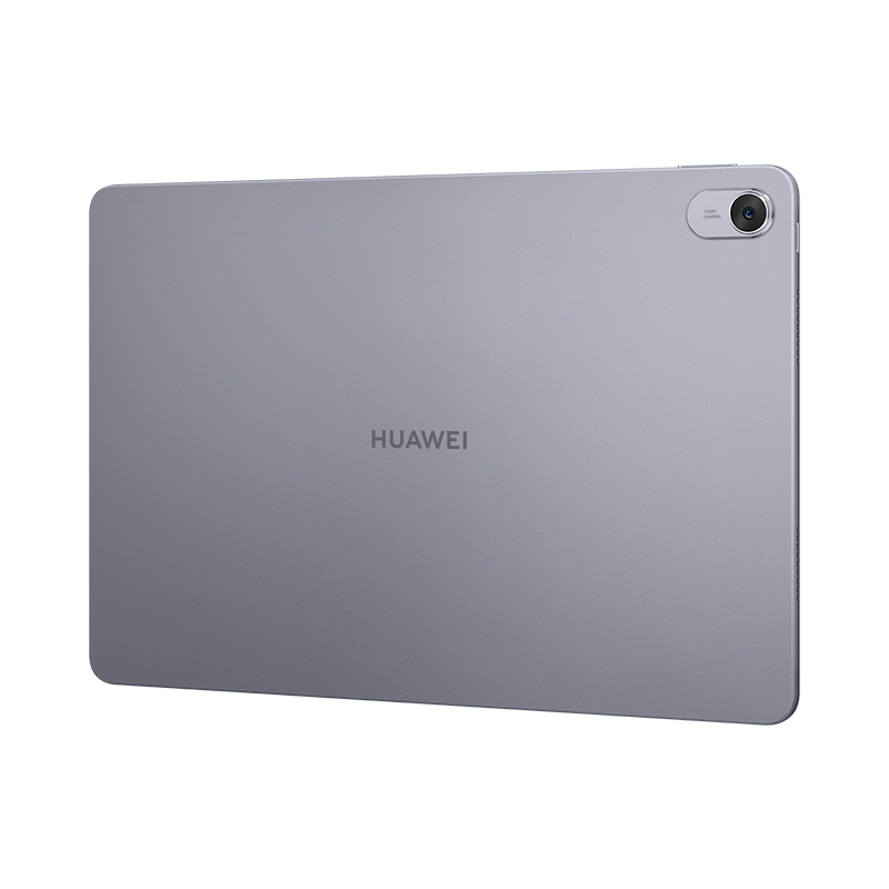 Egy szürke Huawei tablet hátulja. A Huawei logója középen van. A kamera a jobb felső sarokban található.