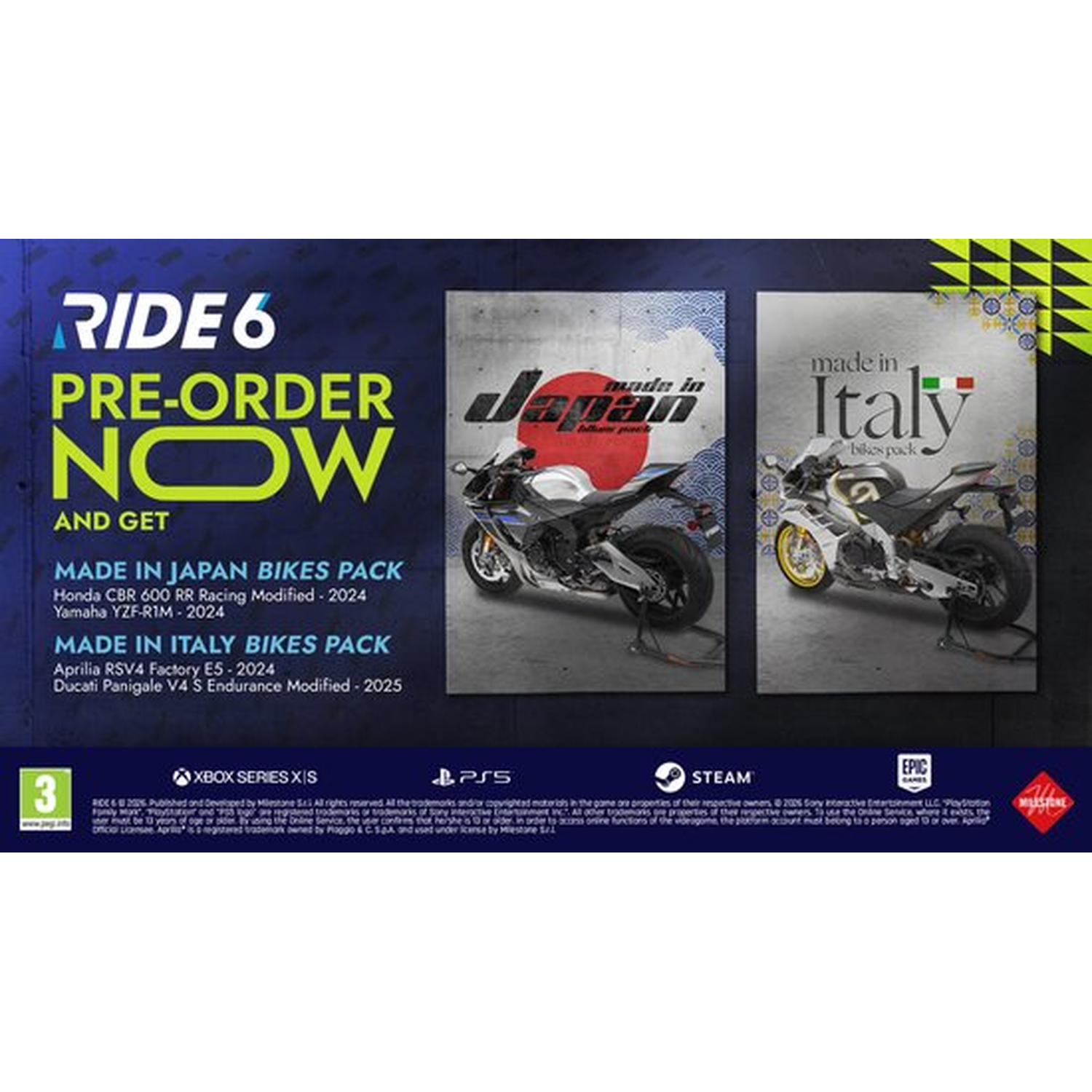 Ride 6 game-advertentie. Toont motorfietsen, tekst 'Pre-Order Now' en logo's voor consoles en gamepakketten.