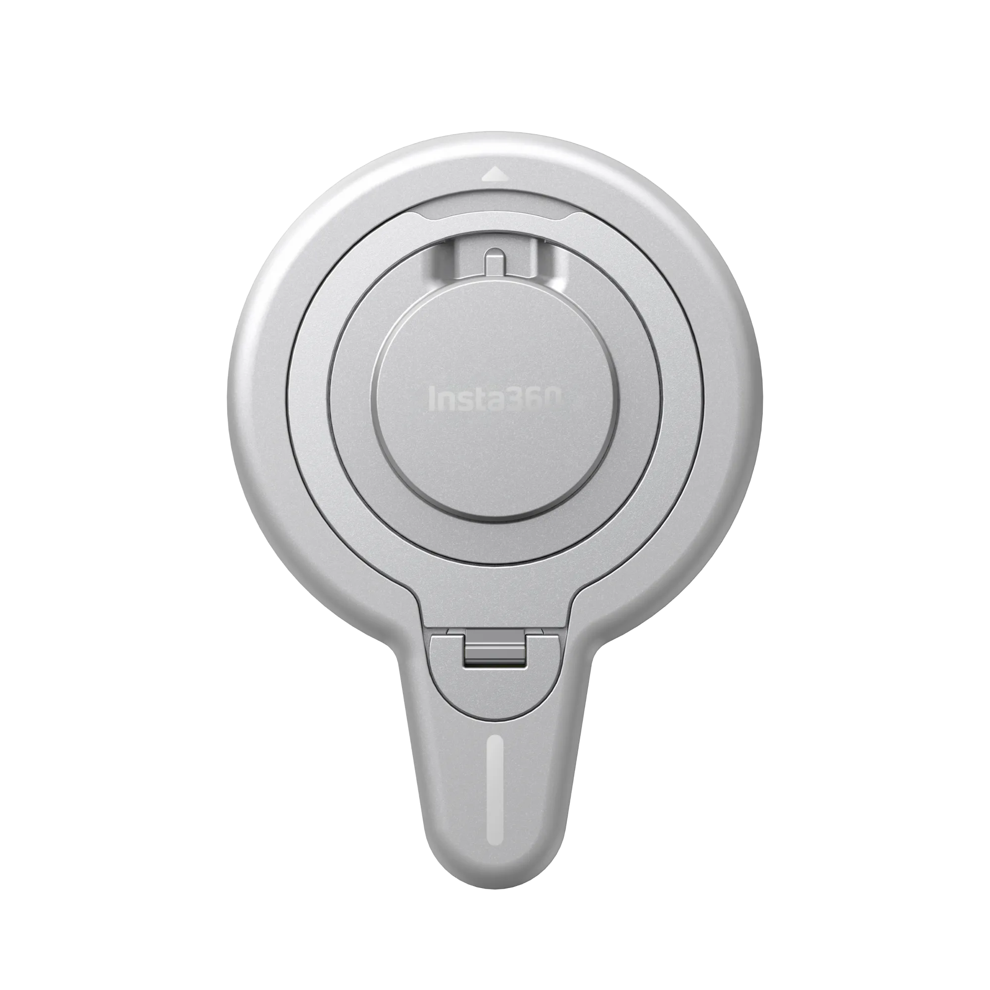 Ein silbernes Insta360-Gerät, rund mit Griff. Verfügt über eine zentrale Taste und das Insta360-Logo. Isoliert auf schwarzem Hintergrund.