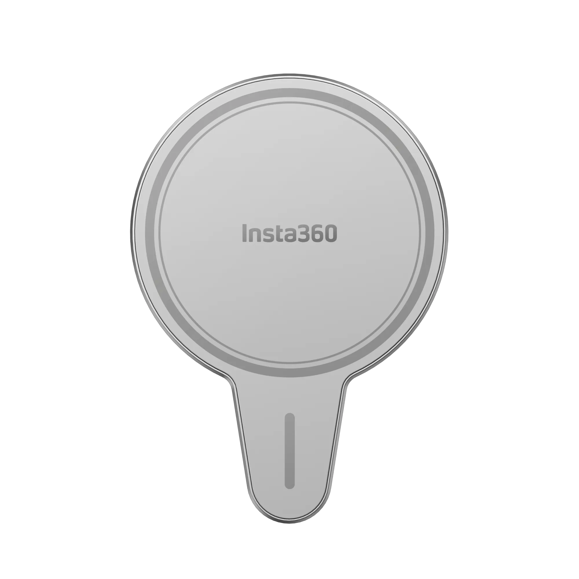 Graues Insta360-Gerät, rund mit Griff. Das Insta360-Logo befindet sich auf dem Gerät. Schwarzer Hintergrund.
