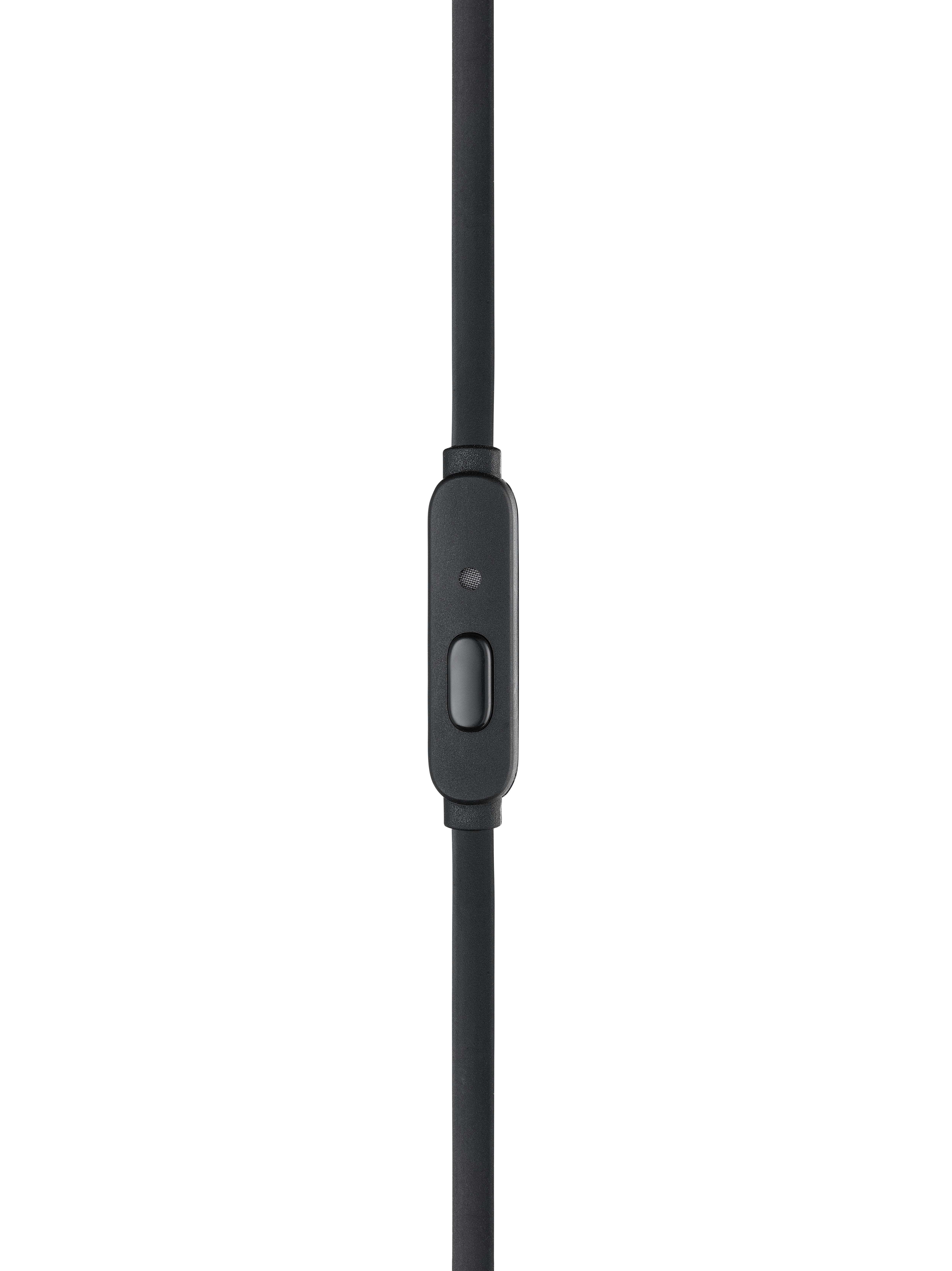 Nahaufnahme einer schwarzen Inline-Fernbedienung an einem Kabel. Die Fernbedienung hat eine Taste und ein Mikrofonloch.