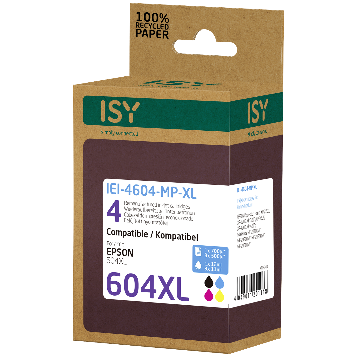 Inktcartridge doos. Bruine doos met groene en witte tekst. Er staat ISY, 604XL en compatibel met Epson printers.
