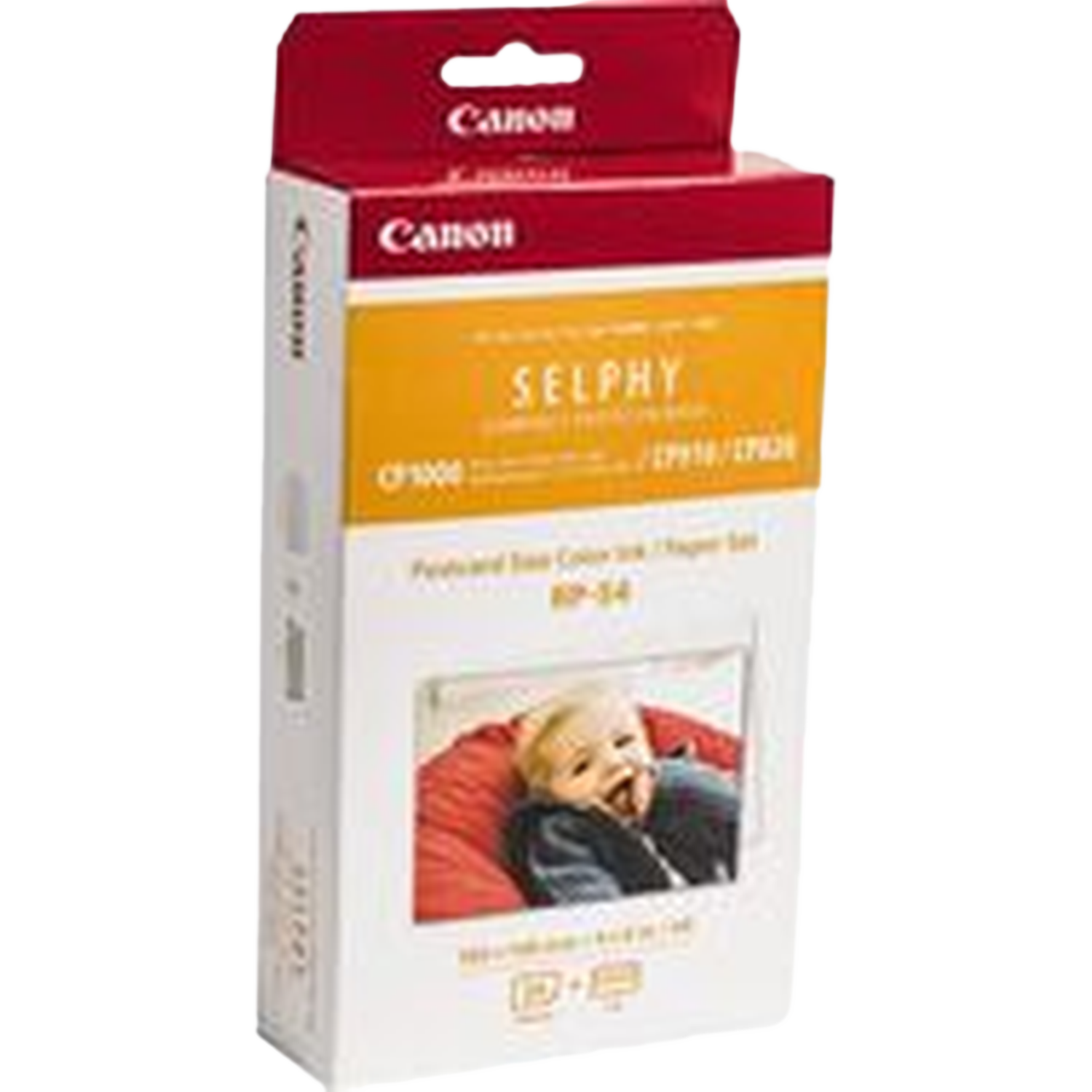 Een Canon Selphy foto printer inkt- en papier set doos. Doos heeft rode, witte en gele kleuren. Een foto van een baby staat op de voorkant.