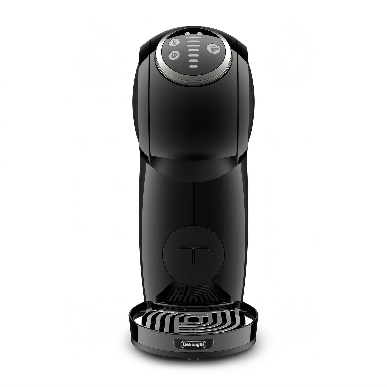 Una cafetera De'Longhi negra. Tiene una parte superior redonda con botones y un reposavasos en la parte inferior, todo sobre un fondo blanco.