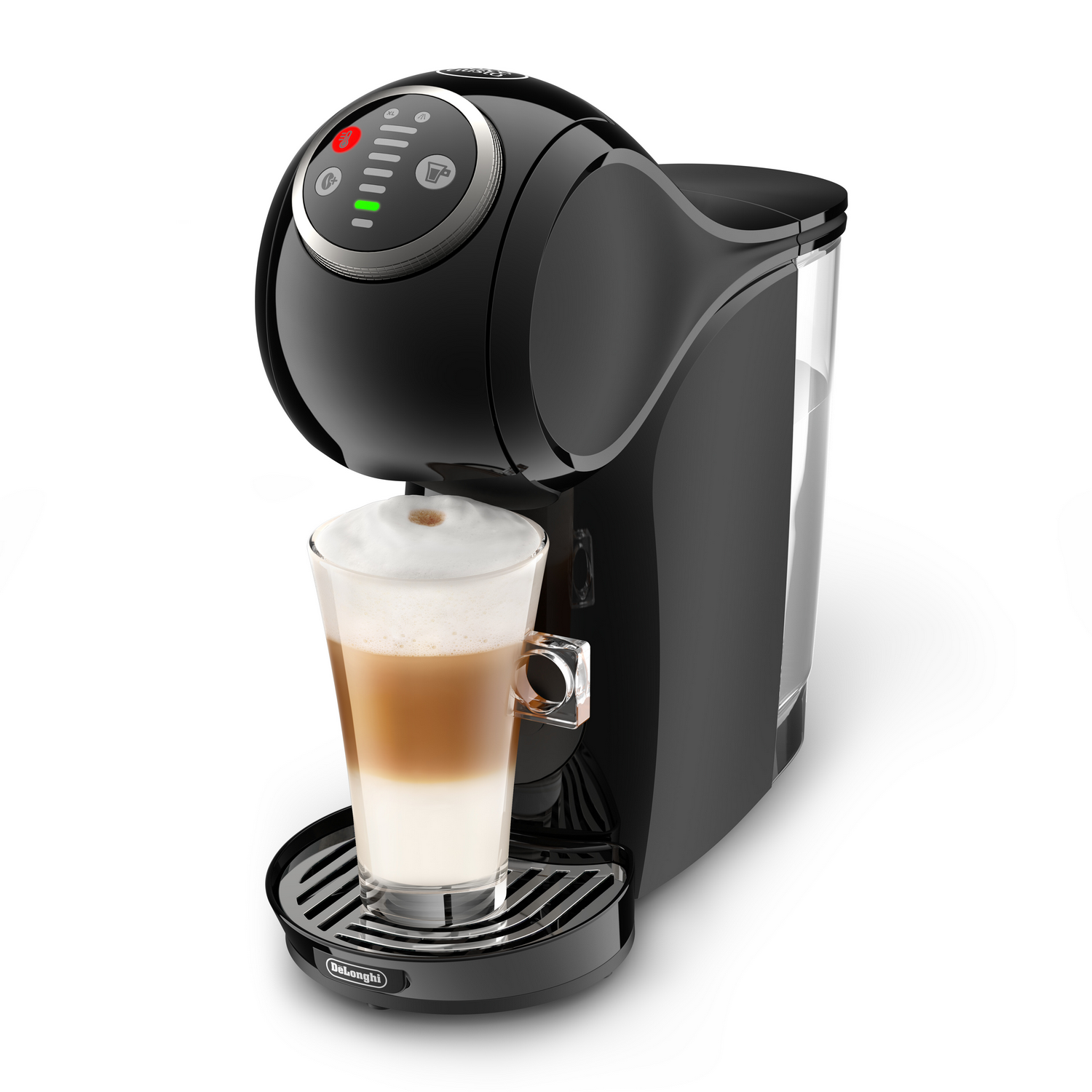 Una cafetera negra con un vaso de latte macchiato, sobre un fondo blanco. La máquina tiene un depósito de agua.